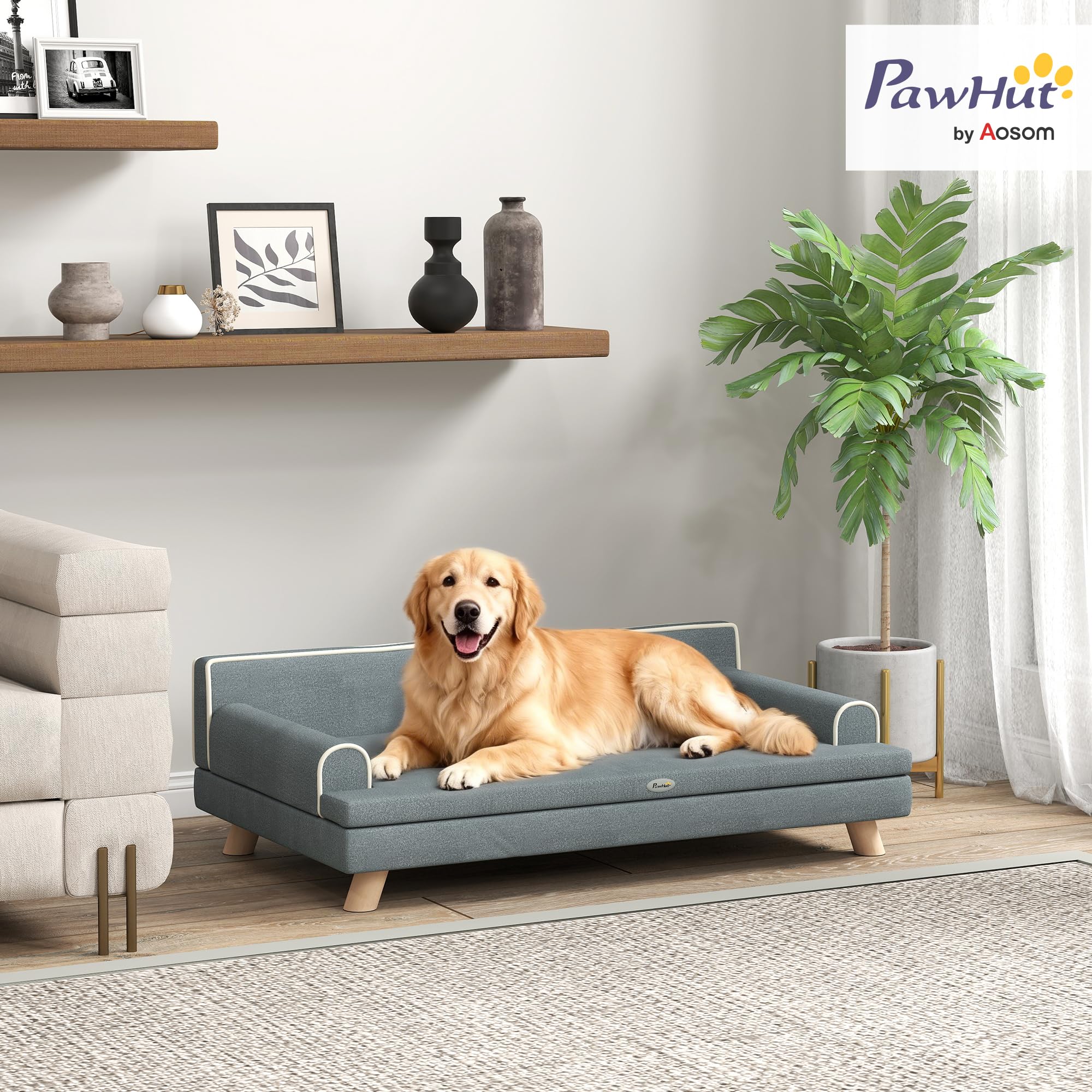 PawHut Sofá para Perros Grandes y Medianos, 100x62x32 cm, Cama Elevada para Perros, Tapizada en Chenilla, con Cojín Lavable y Patas de Madera de Pino, Gris Oscuro