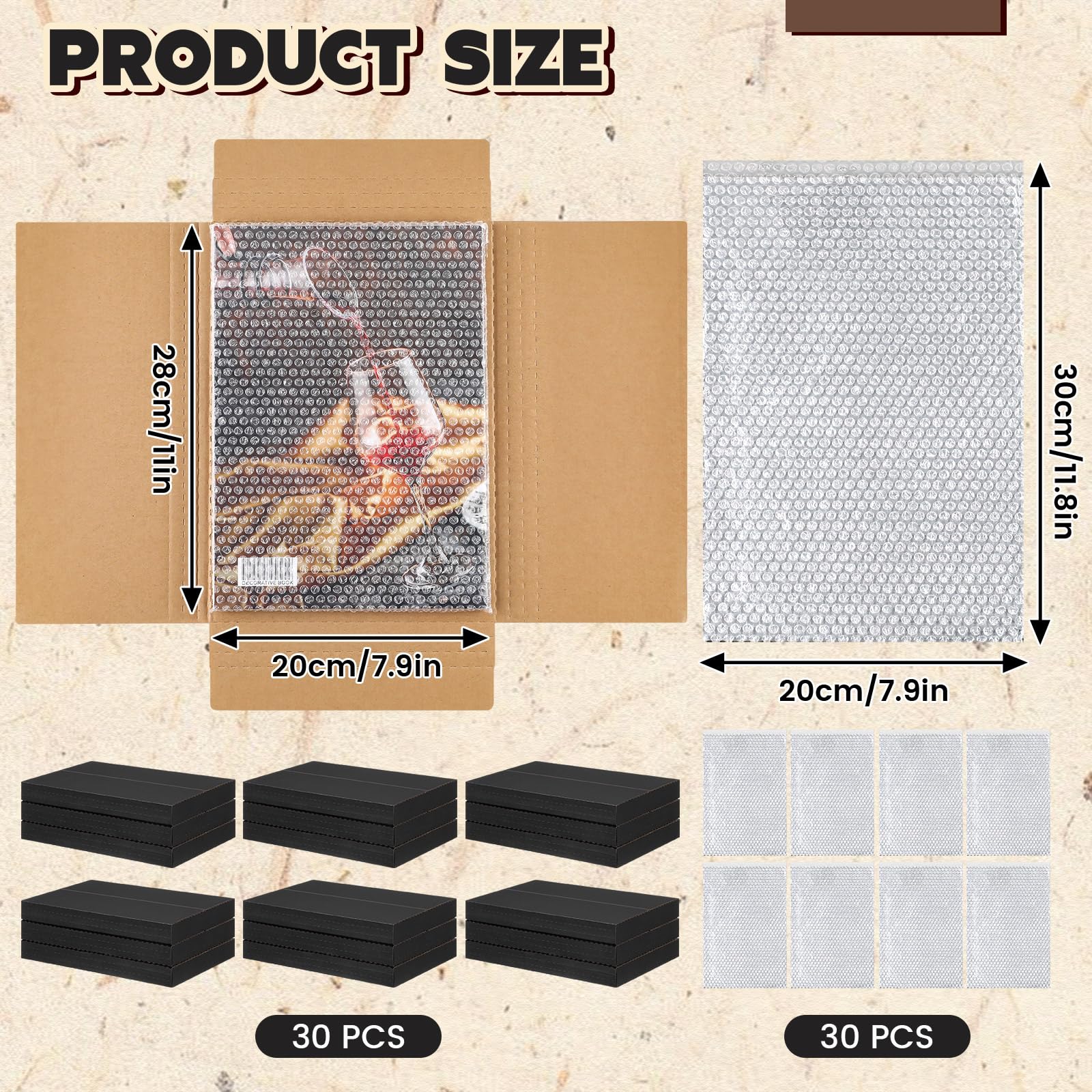 Fullhawl Paquete de 30 sobres de cómics corrugados con 30 bolsas de burbujas, caja de envío de cómics, caja de fotos de cartón fácil de plegar para embalaje por correo, altura ajustable (negro, 7.8 x