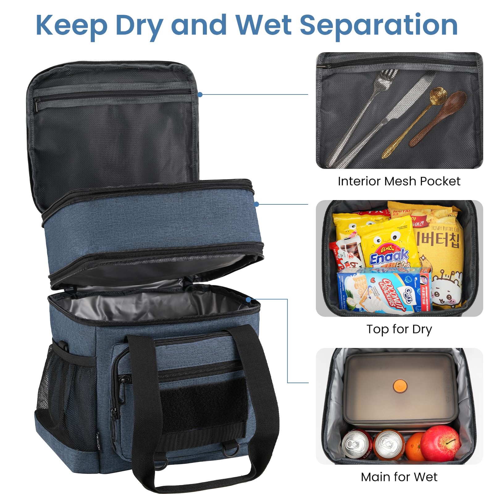 Borsa termica per il pranzo da uomo, grande, isolata ed espandibile, a prova di perdite, per lavoro, campeggio, spiaggia, turni, picnic all'aperto, volo, resistente, per adulti (16 l, blu)