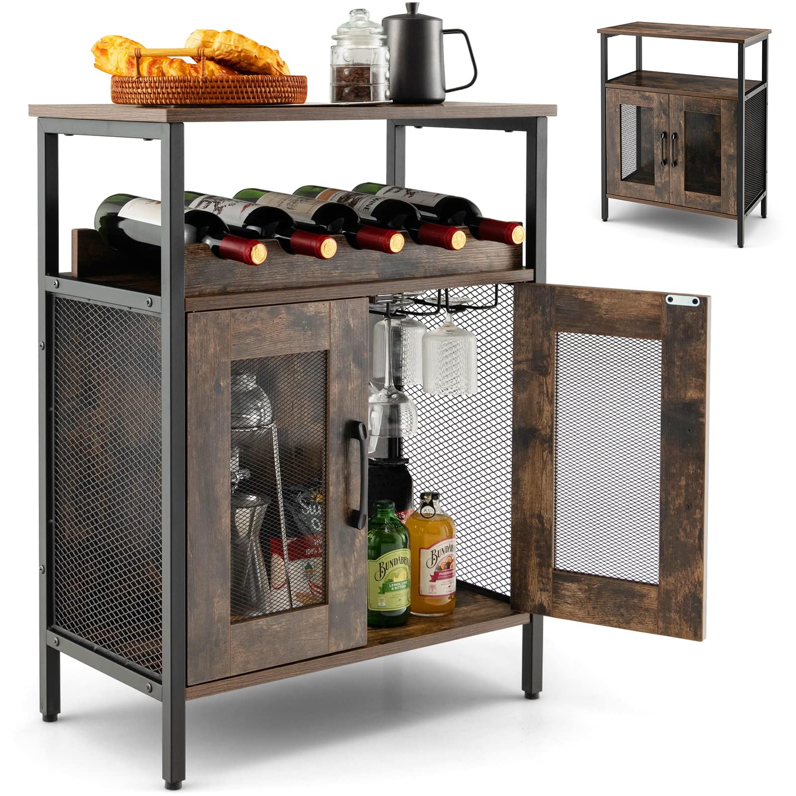 GYMAX Armadio per Vino per 5 Bottiglie Rimovibile, Armadietti di Vino con 6 Porta Calici, Mobile da Vino in Rete Metallica per Cucina, Sala da Pranzo, Industriale, 60 x 34 x 79 cm (Marrone)
