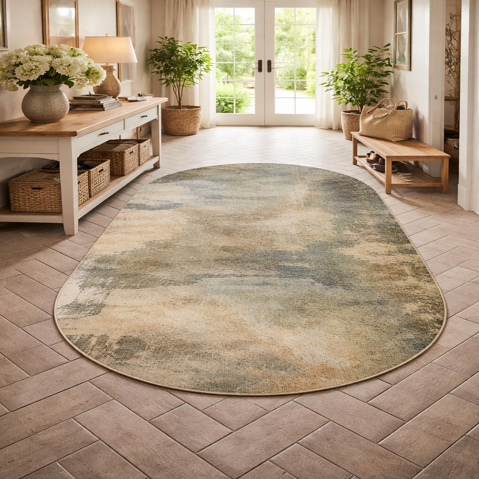 Tapis ovale salon abstrait moderne jaune beige marron turquoise 100x180cm déco maison