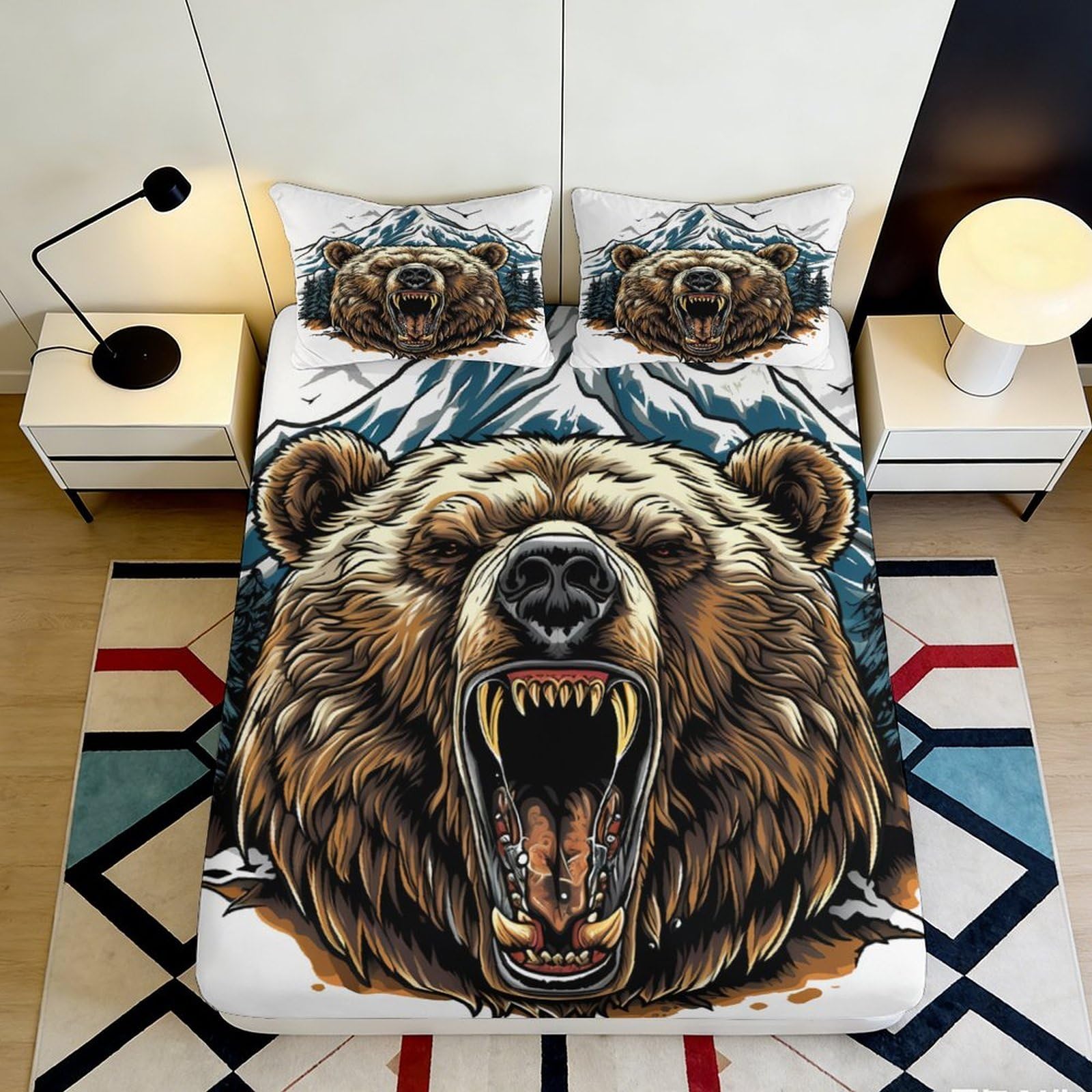 3D Printed Roaring Bear Fitted Sheet Microfiber Mountain Forest Mattress Cover Anti-Slip Machine Washable for Bedroom Dorm Decor 90x200x25cm