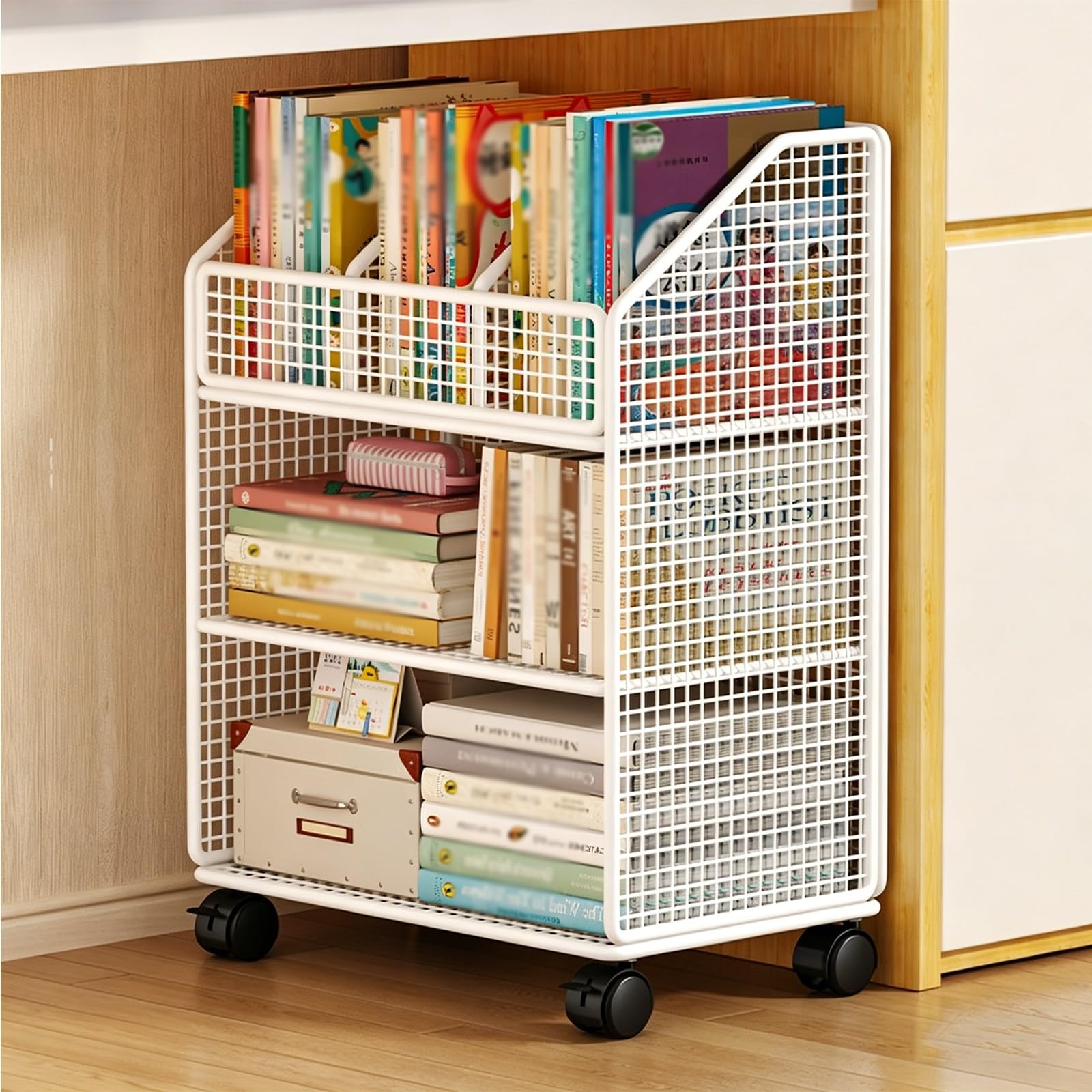 3 Tier Rolling Book Cart, Metal Movable Bookshelf Organizer Rack with Wheels, Raised Guardrail Design, Multi-Functional Miscellaneous Item Cabinet for Study Office Home(White)