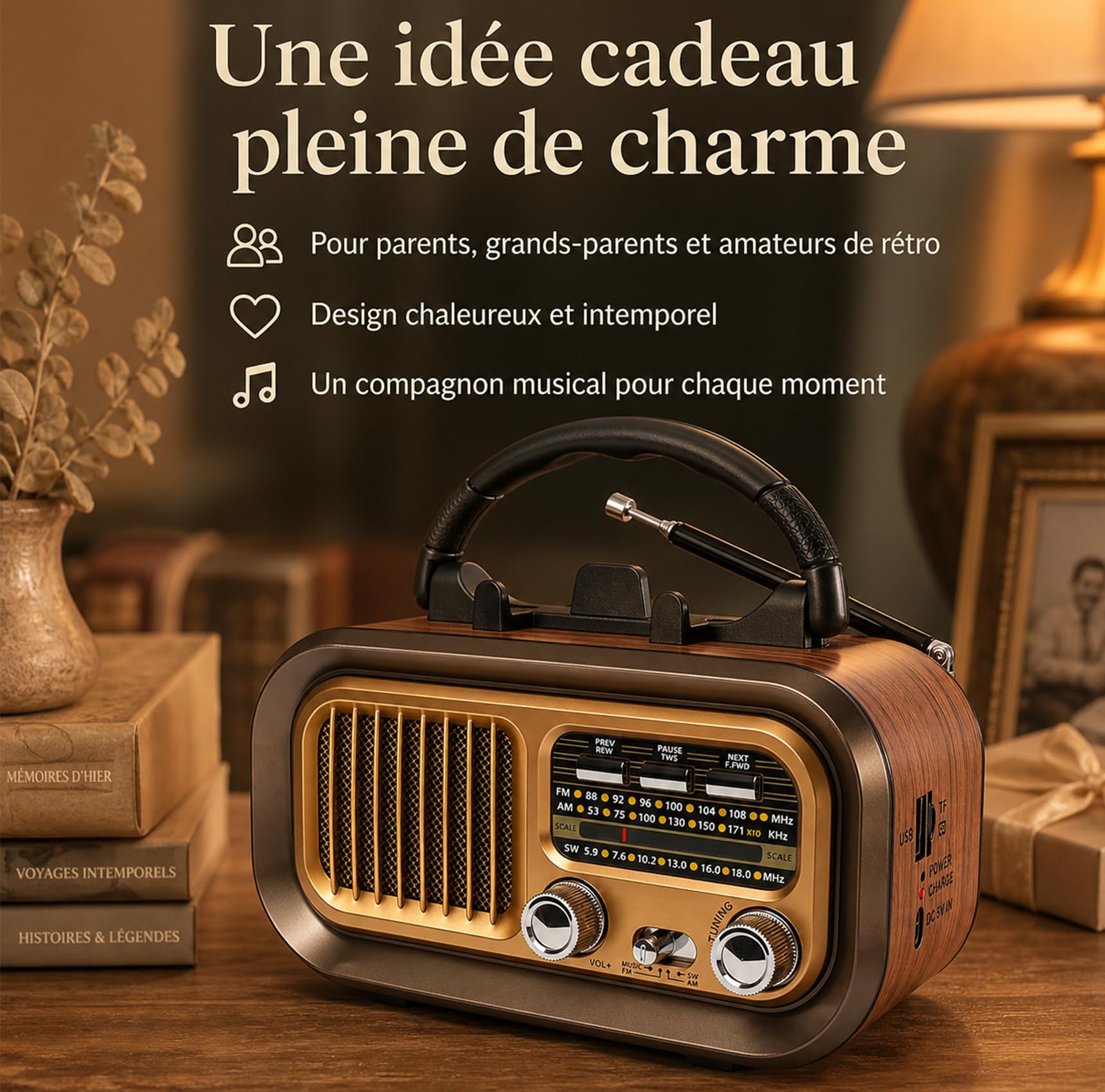 Poste Radio Portable Bluetooth AM/FM/SW, Radio Vintage Rechargeable 1200mAh avec USB/Carte TF/TWS, Radio à Piles D pour Maison, Jardin, Camping et Personnes Âgées