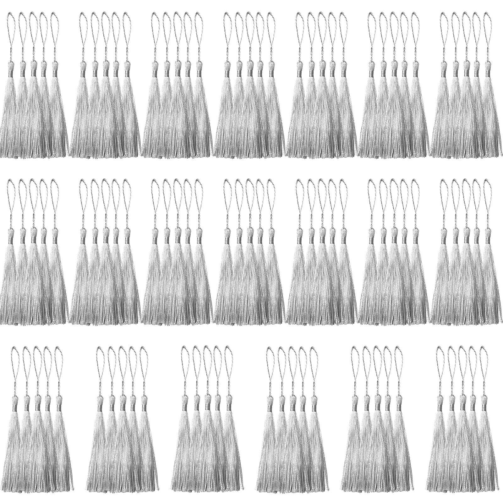Creatrill 100 Pcs Silver Mini Tassels 13cm/5 Inch with Loops for Bookmarks, Jewelry Making, DIY Projects