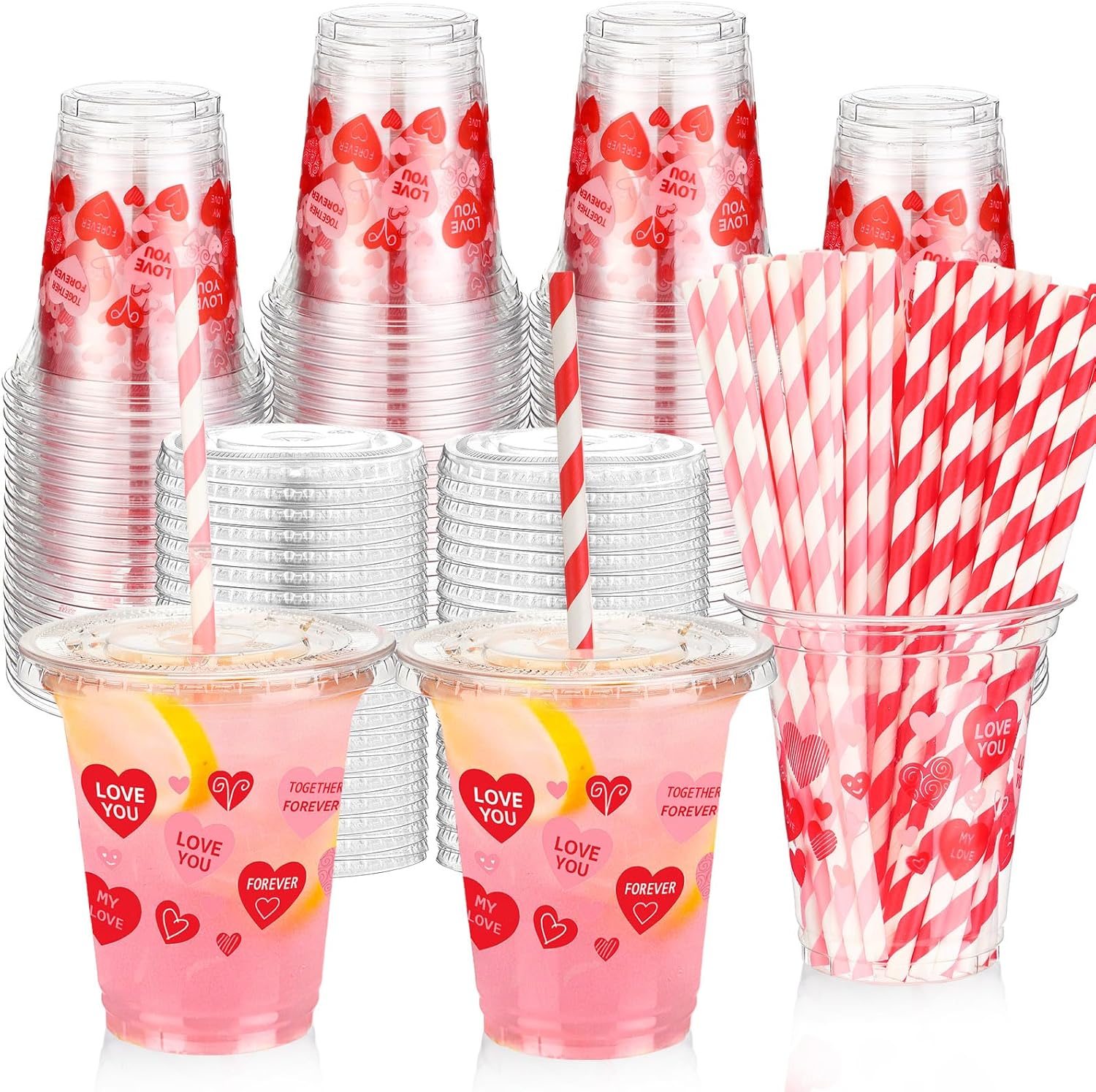 50 Set 12 oz Valentine's Day Disposable Plastic Cups with Lids and Paper Straws Pink Red Heart Love Cups for Beverage Drinking Hot Cold Coffee Wedding Birthday Anniversary Party Supplies