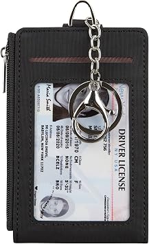 Women & Men Keychain Card Holder Case Zipper Slim Minimalist Front Pocket Wallet with 2 ID Window, Black