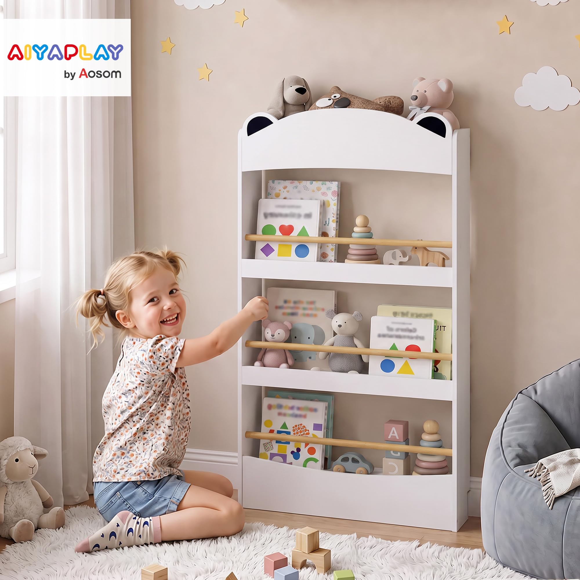 AIYAPLAY Bibliothèque Murale Enfant 3-8 Ans à 4 Niveaux Blanc