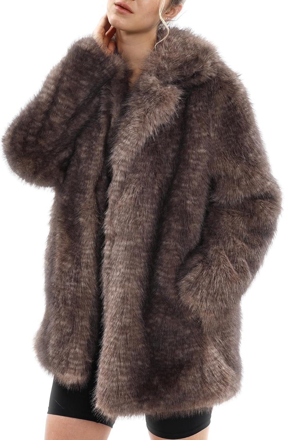 Amazhiyu Women's Faux Fur Coat Open Front Fluffy Jackets Winter Lapel Outerwear - Image 3