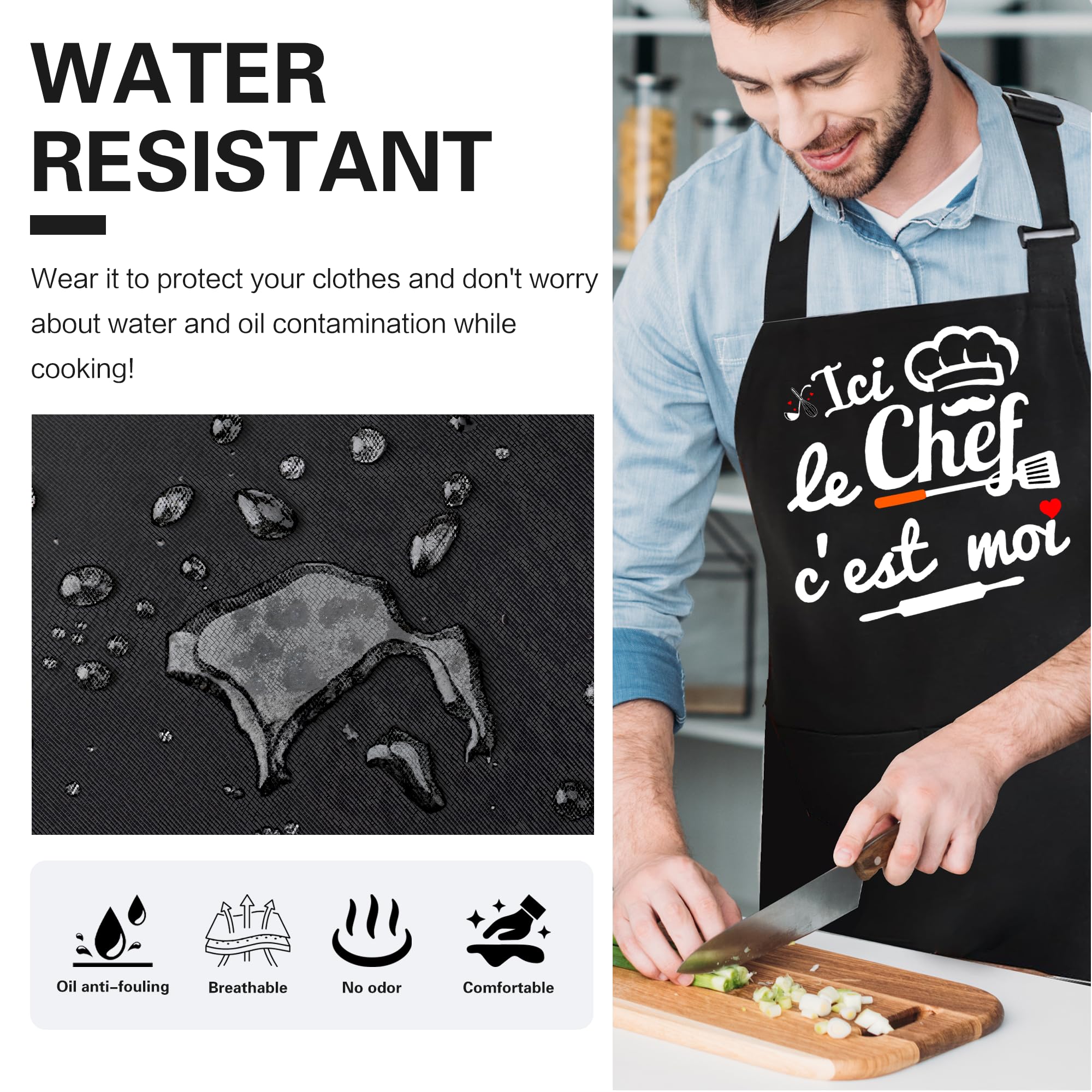 Tablier Cuisine Homme, Noir Personnalisé Imperméable Tablier de Cuisine Homme Humour, Réglable Tablier Barbecue Homme für Cadeau Fete Des Peres Saint Valentin Noel Papa