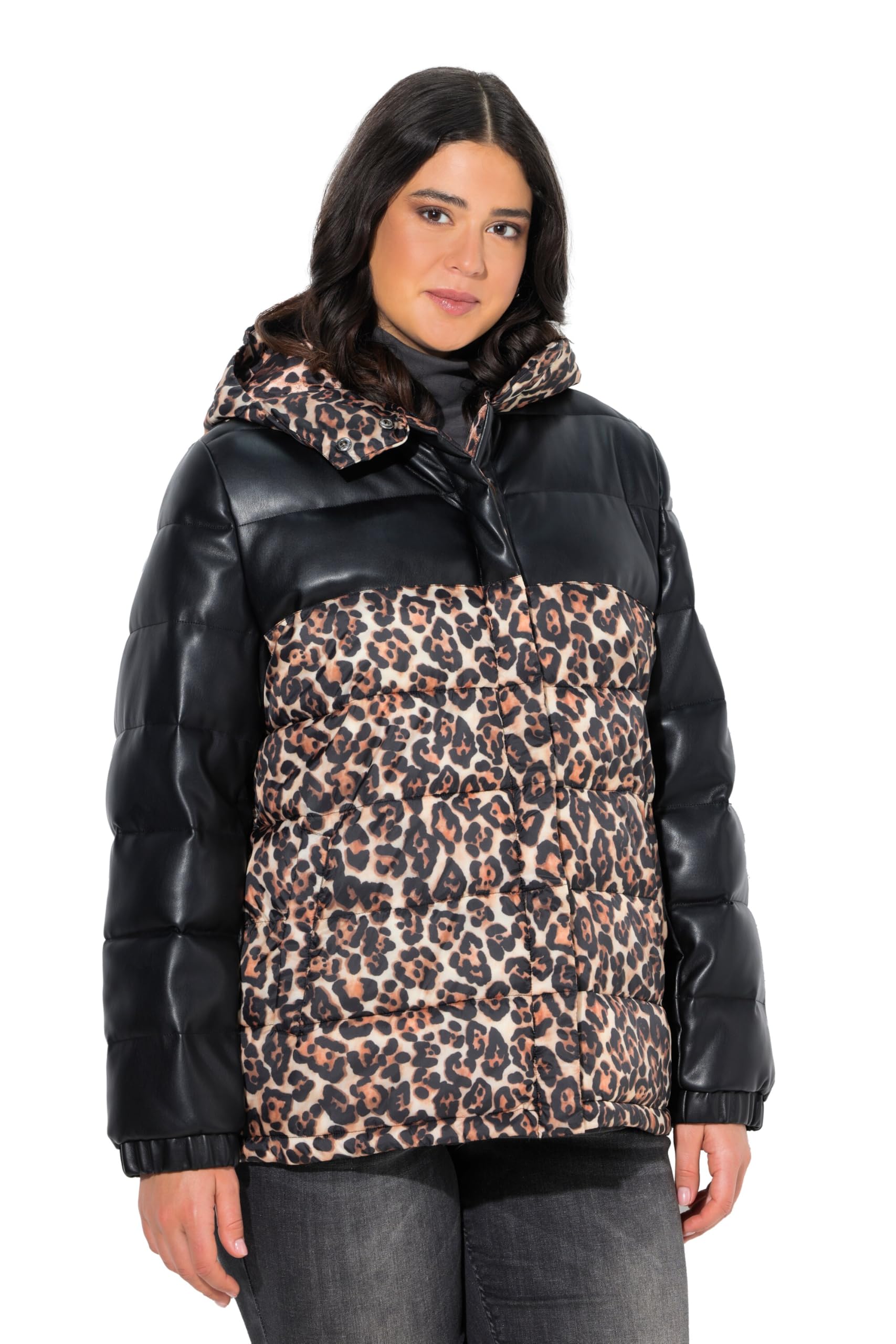 Ulla Popken Damen große Größen Übergrößen Plus Size HYPRAR Steppjacke, Lederoptik/Leo, recycelt 841263