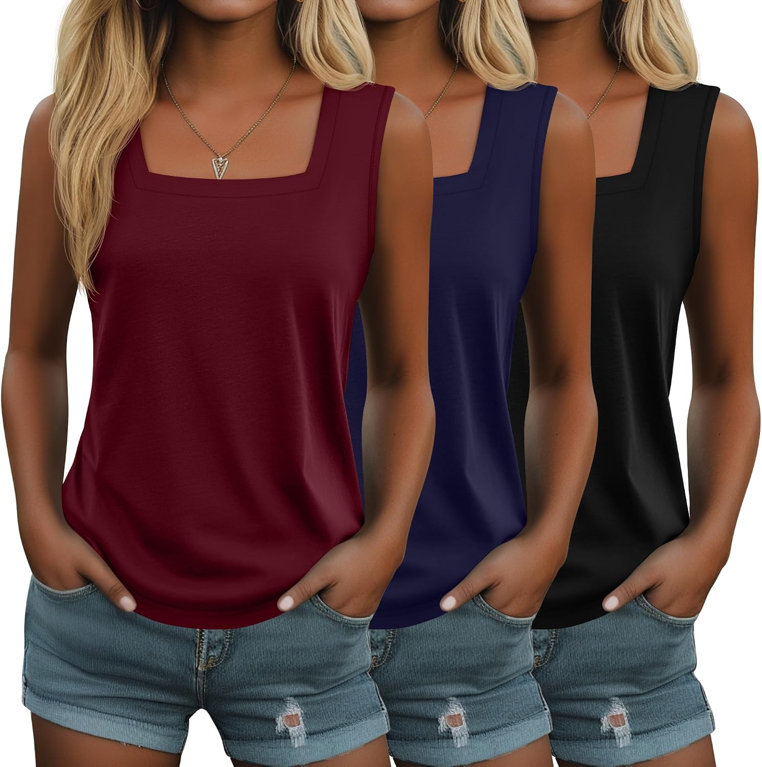 3 Pack Summer Women's Tank Tops Casual Sleeveless Shirt Loose Fit Square Neck Tank Top