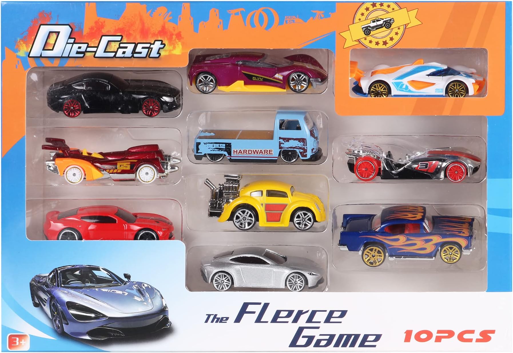 WireScortsDie Cast Metal Car Set of 10 for Kids Assorted Design & Multi Color