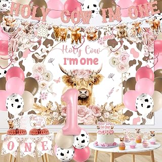Highland Cow 1st Birthday Decorations for Girl Floral Boho Holy Cow Im One Birthday Backdrop Pink First Bday Chair Banner Honeycomb Cupcake Topper for Bohemian Animal One Year Old Party Supplies