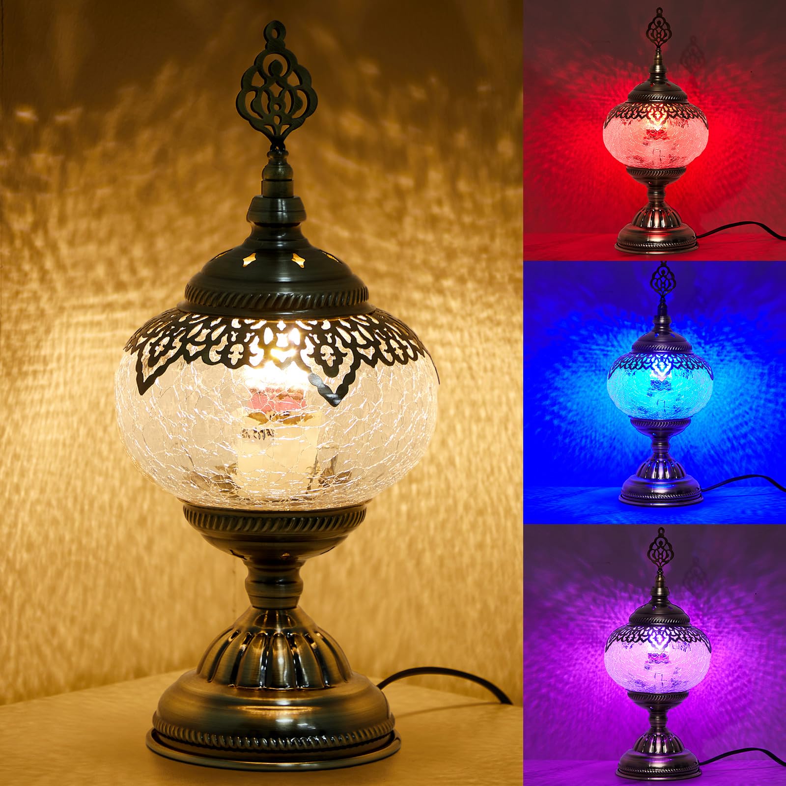 Photo 1 of Baquler Large Globe Turkish Moroccan Table Lamp Handmade Vintage Moroccan Glass Lampshade Turkish Desk Lamp Bohemian Decorative Night Light for Bedroom, Living Room, LED Bulb Included (Bright)