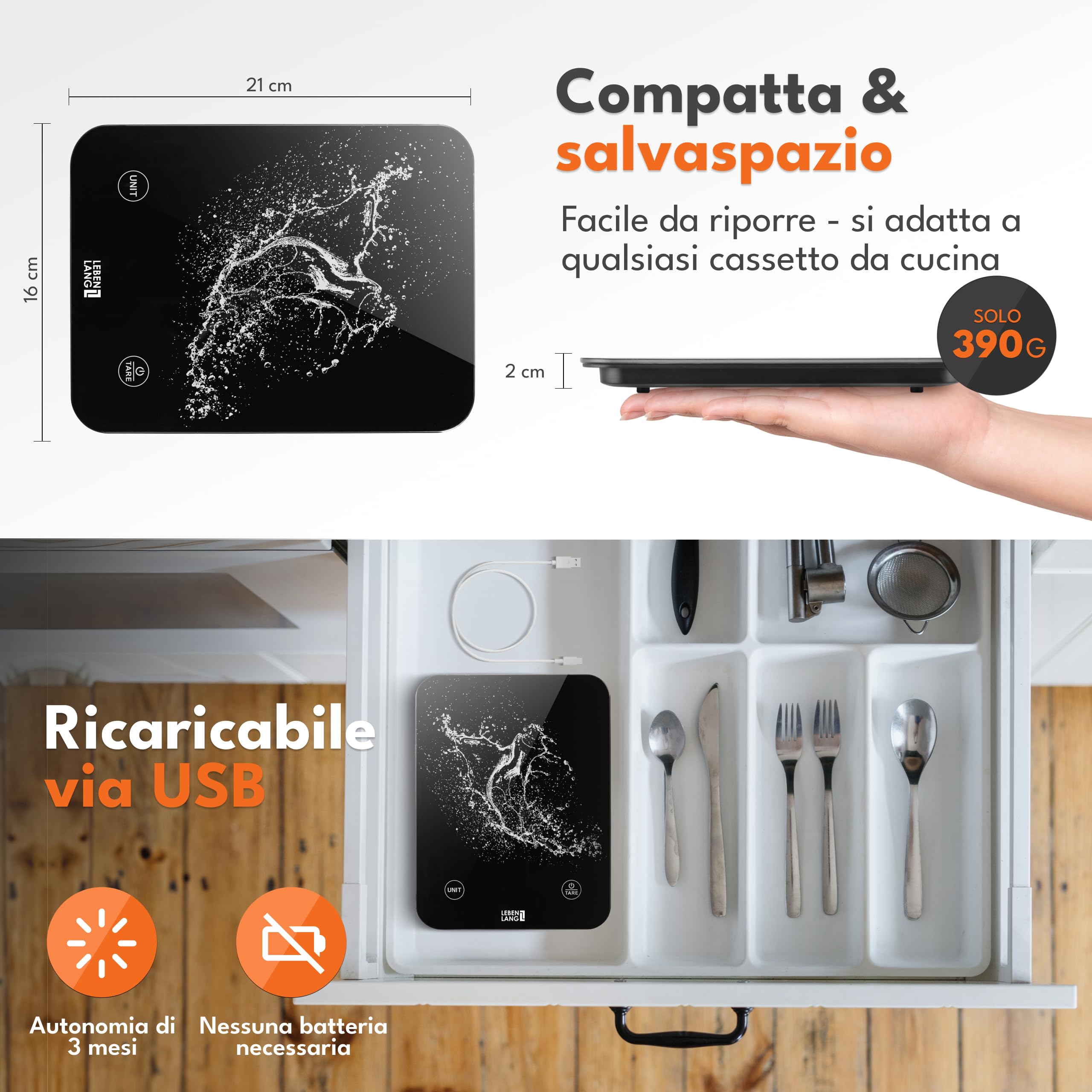 LEBENLANG Bilancia cucina digitale impermeabile - Ricaricabile tramite USB & Incl. Cavo di ricarica I Fino a 10 kg I Bilancia cibo Pesa da cucina & alimenti professionale Kitchen scale Bilance pasta