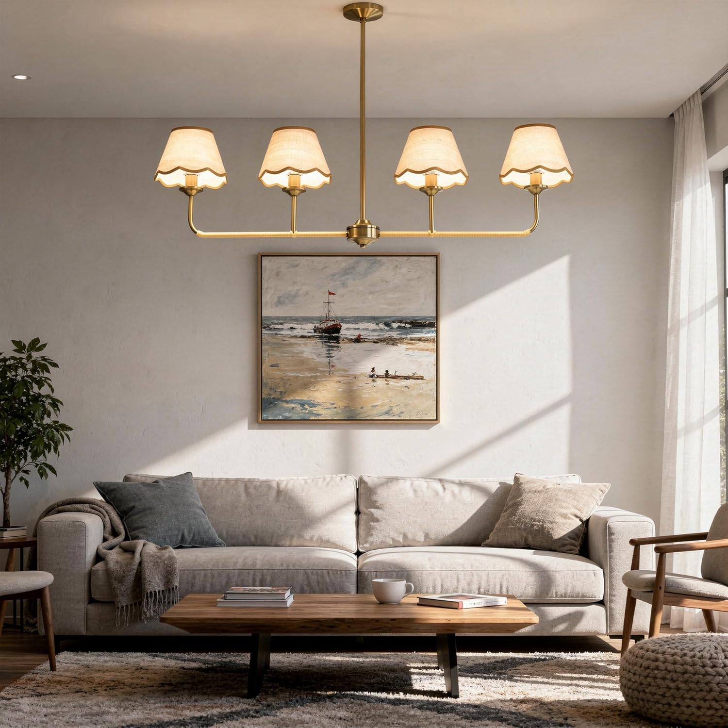 39" Linear Kitchen Island Lighting Fixture, 4-Light Gold Boho Rattan Chandelier with Woven Rattan Shades, Height Adjustable Dining Room Light Fixtures for Living Room Bar, E12 Base