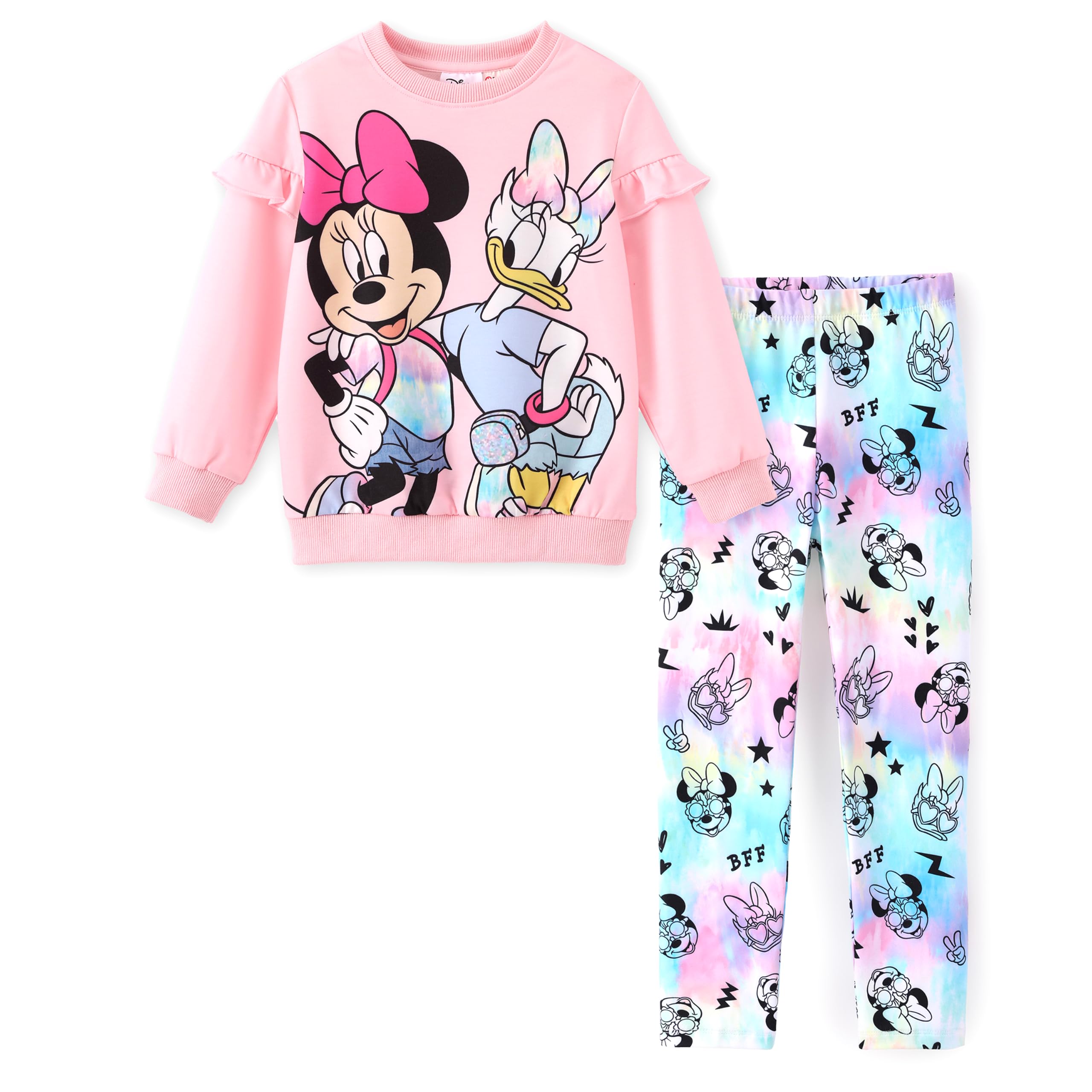 Disney Frozen Minnie Mouse Stitch Princess Herbst Kleinkind Mädchen Outfit 2-teiliges Mädchen Kleidung Langarm Sweatshirt und Leggings | Offizielles Lizenzprodukt, kräftiger Charakterdruck, Rüschen-Schulter, bequeme Passform, weiches Gefühl, leicht