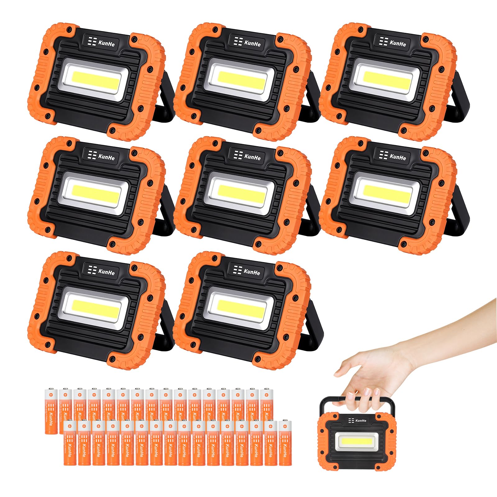 KunHe 500 Lumen 8-Pack Portable LED Work Lights with IPX4 Waterproof 180° Rotating Bracket and Magnetic Base COB LED for Camping Fishing Car Repair and Emergency Use