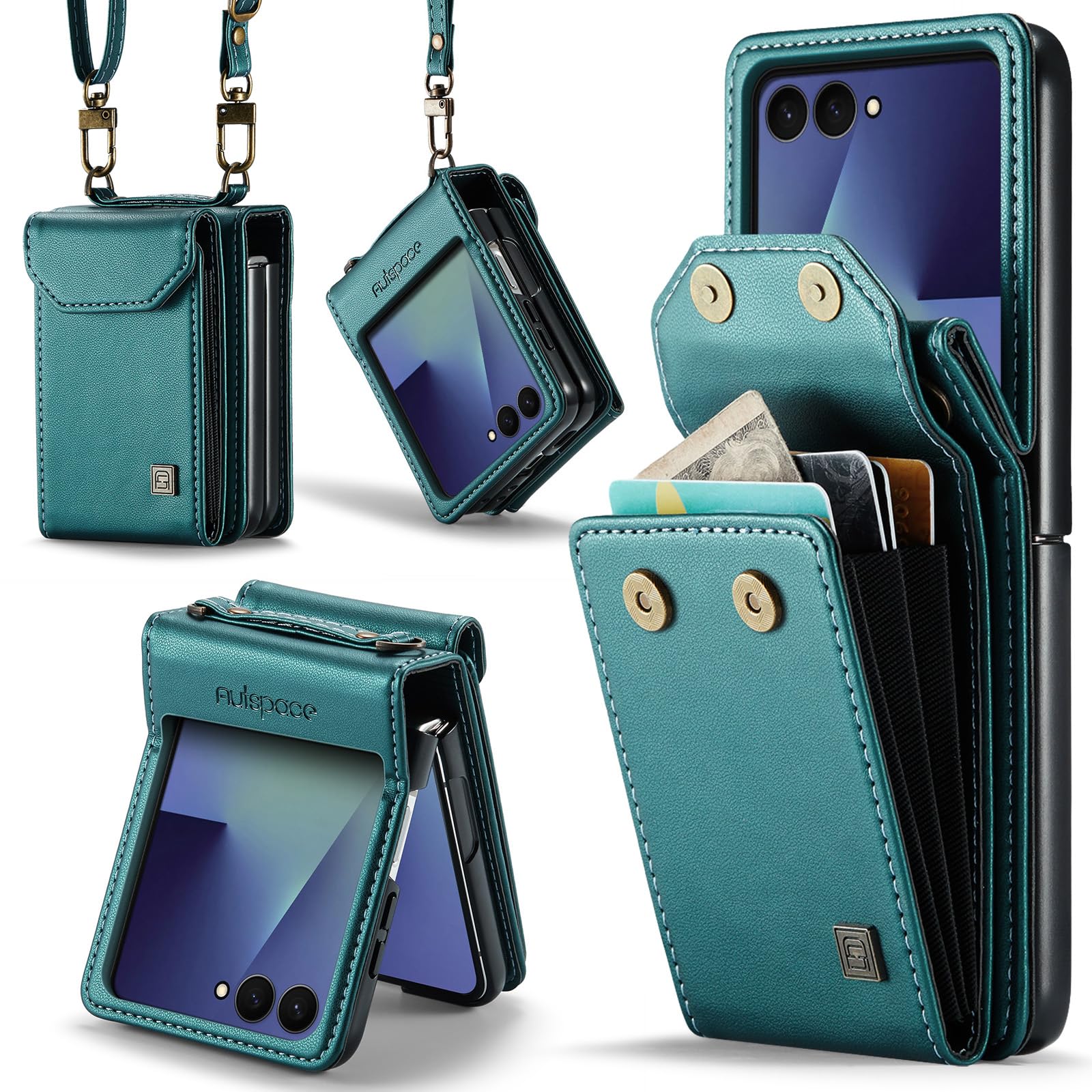HAII for Samsung Galaxy Z Flip7（2025） Wallet Case, Women Men RFID Blocking Hinge Protector Pu Leather Magnetic Closure Card Holder and Shockproof TPU Shoulder Strap Wrist Strap (Green)