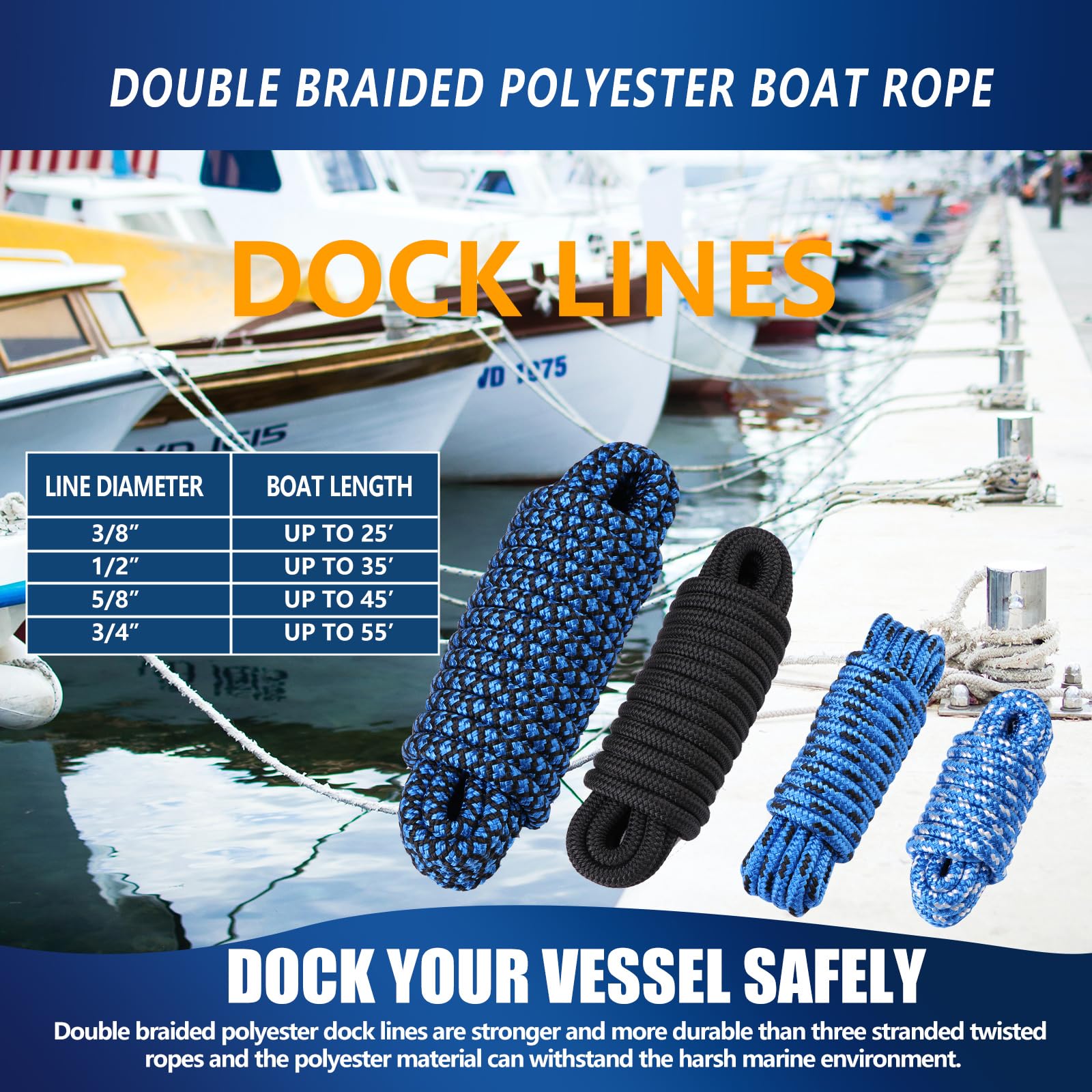 Dock Rope Chart Dock Lines NexNavi Boat Rope, Double Braided,1/2 Inch Diameter, 15 Feet ...
