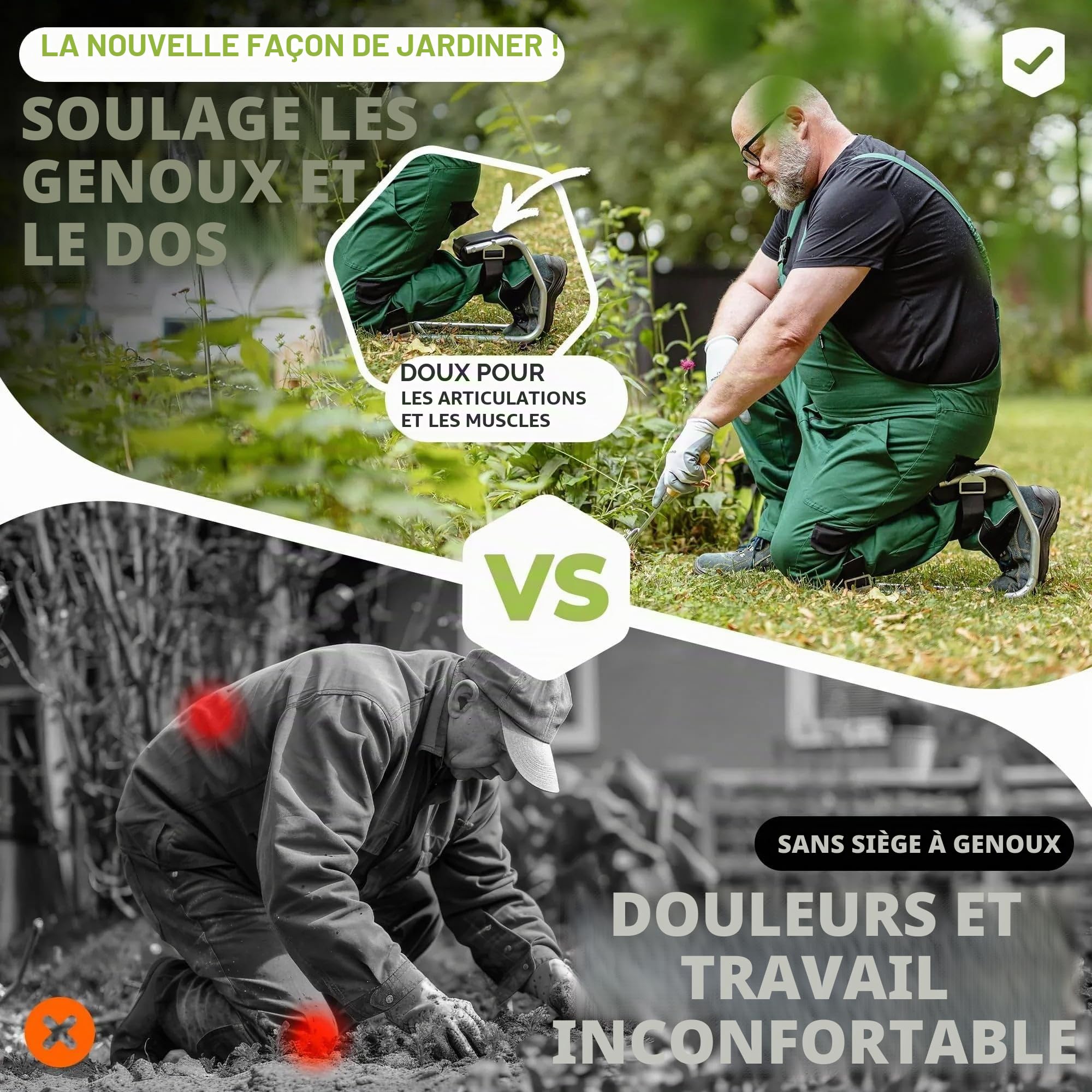 Florade Genouillère avec fonction siège - Taille S (jusqu'à 45 cm du genou) jusqu'à environ 175 cm de hauteur - Genoux sans douleur et assise confortable - Protection des genoux pour le jardin, la