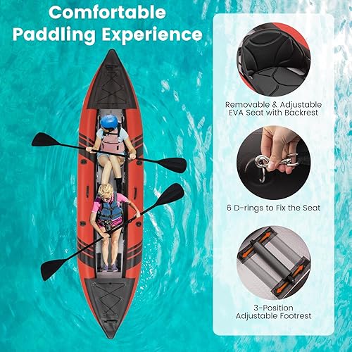 Miniatura 3 de GYMAX Kayak inflable, kayak tándem de 12.5 pies y 507 libras con 2 remos de aluminio, 2 asientos acolchados, reposapiés, 2 aletas, bomba de mano,