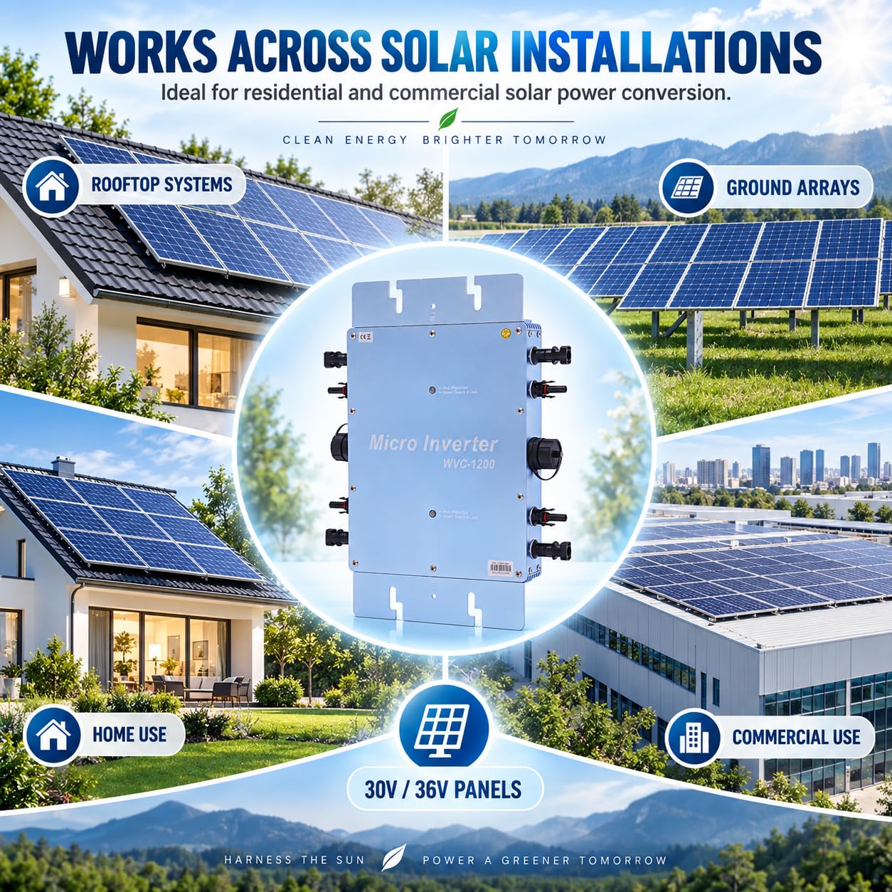 Inversor de red eléctrica para balcón, microinversor solar, WVC, inversor de módulo, microinversor, acoplado a la red, con indicador de vigilancia de datos CA, 4 rastreadores MPP, 1200 W, IP65