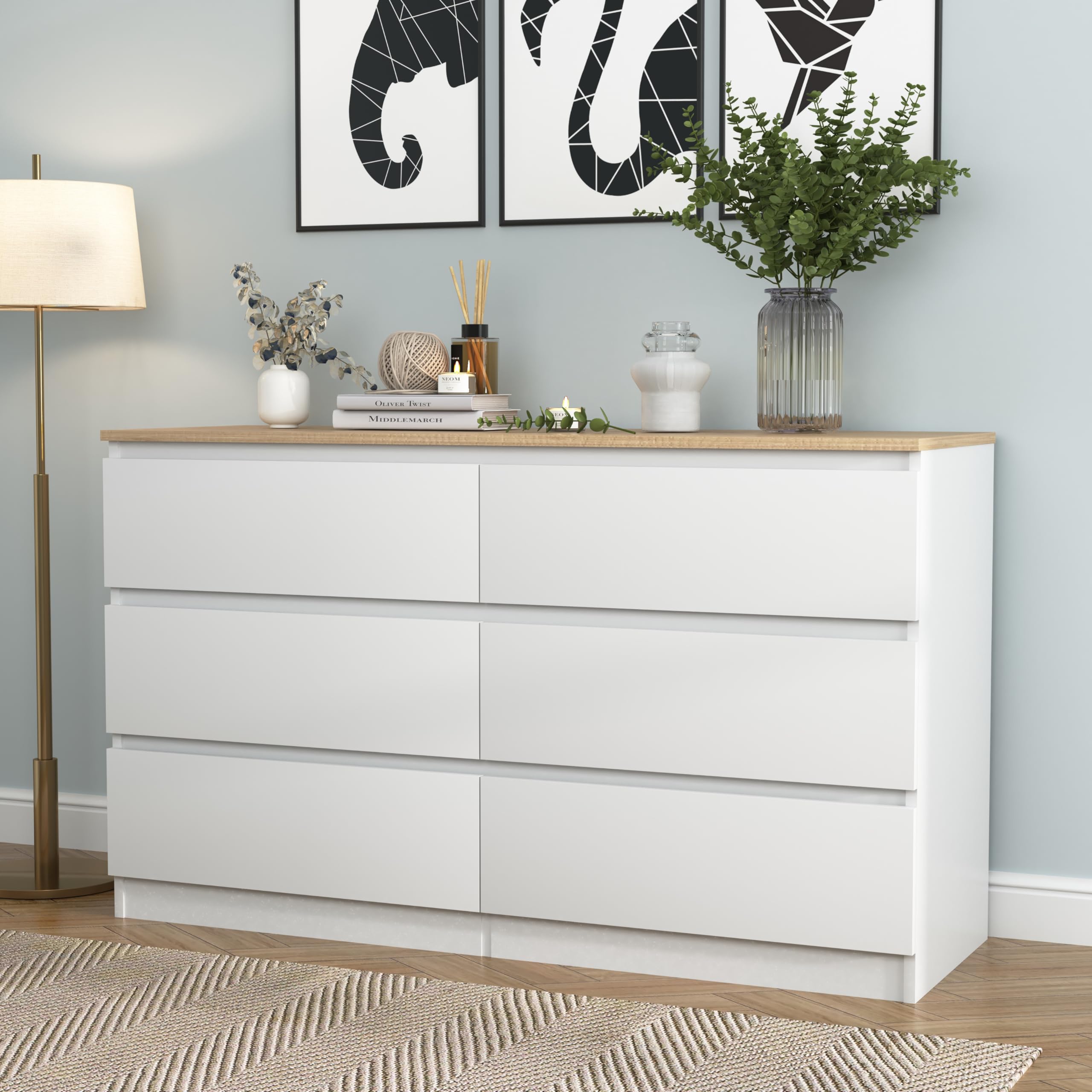 Vibe & Dine White Dresser for Bedroom, Modern 6 Drawer Double Dresser, Wide Chest of Drawers Free Handles for Closet, Living Room, Hallway : Home & Kitchen