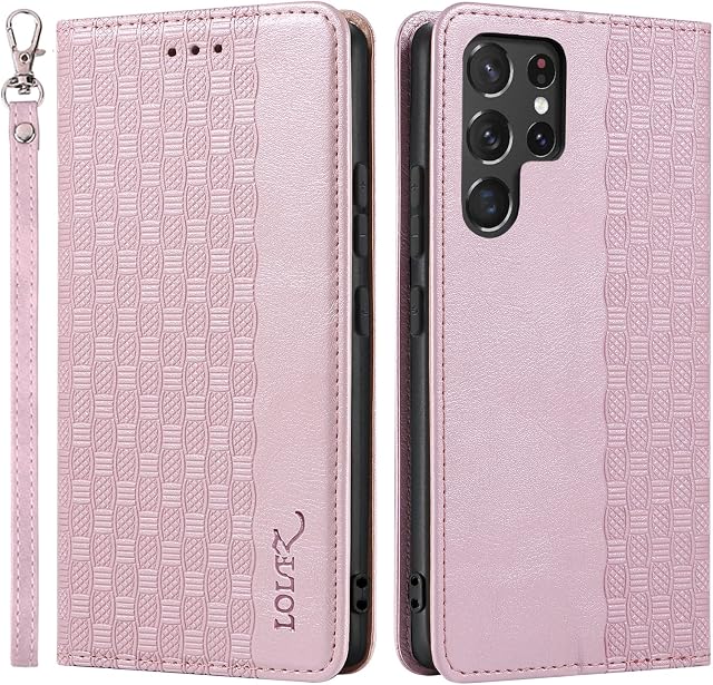 LOLFZ Case for Samsung Galaxy S22 Ultra, Leather Flip Wallet Case Card Slots Kickstand Wrist Strap Protective Magnetic Phone Case Cover for Samsung Galaxy S22 Ultra 5G - Rose Gold