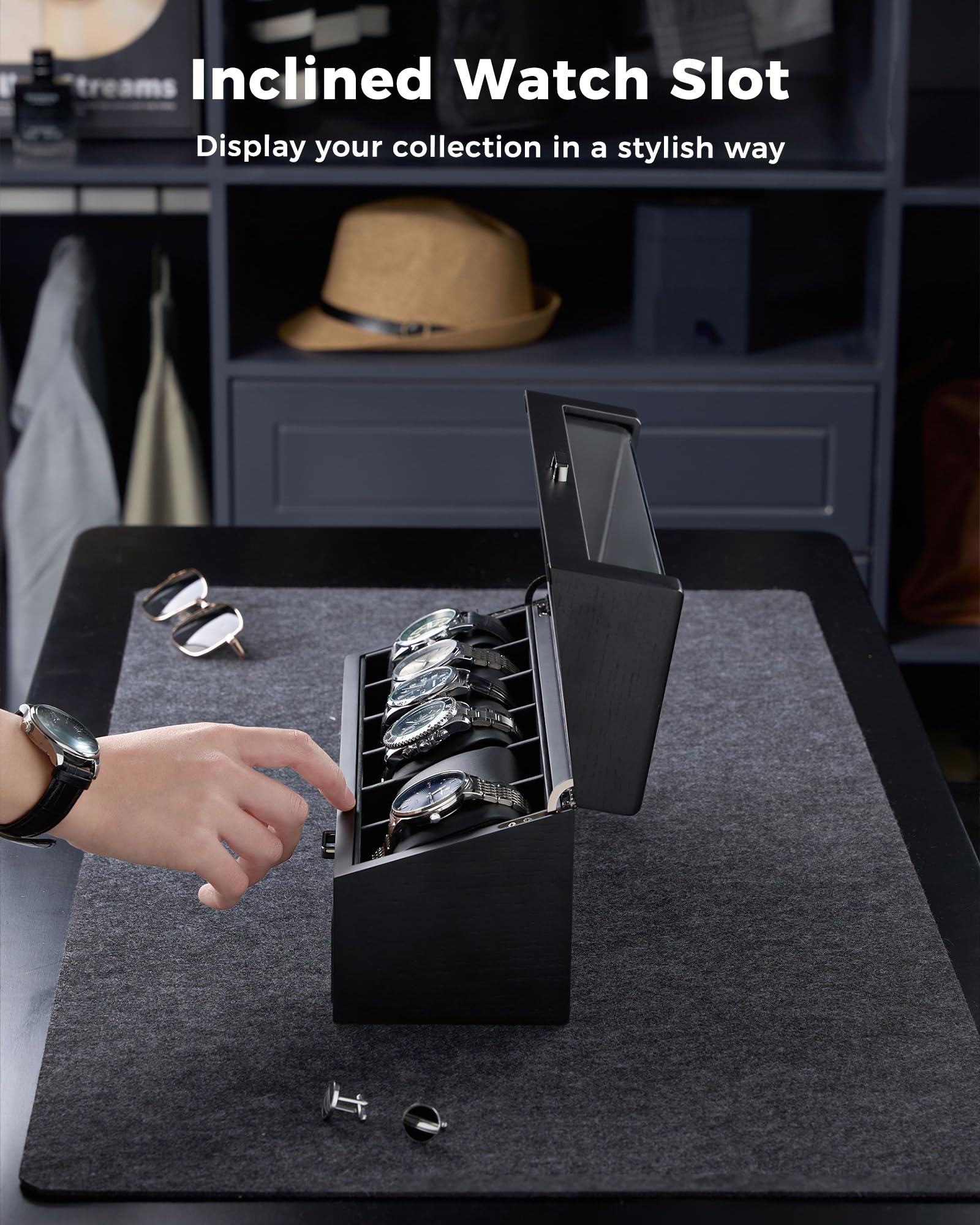 ProCase Scatola Orologi e Gioielli per Uomo in Legno - Vetrina con Cassetto, 6 Slot per Orologi, Anelli e Occhiali, Coperchio in Vetro, Nero