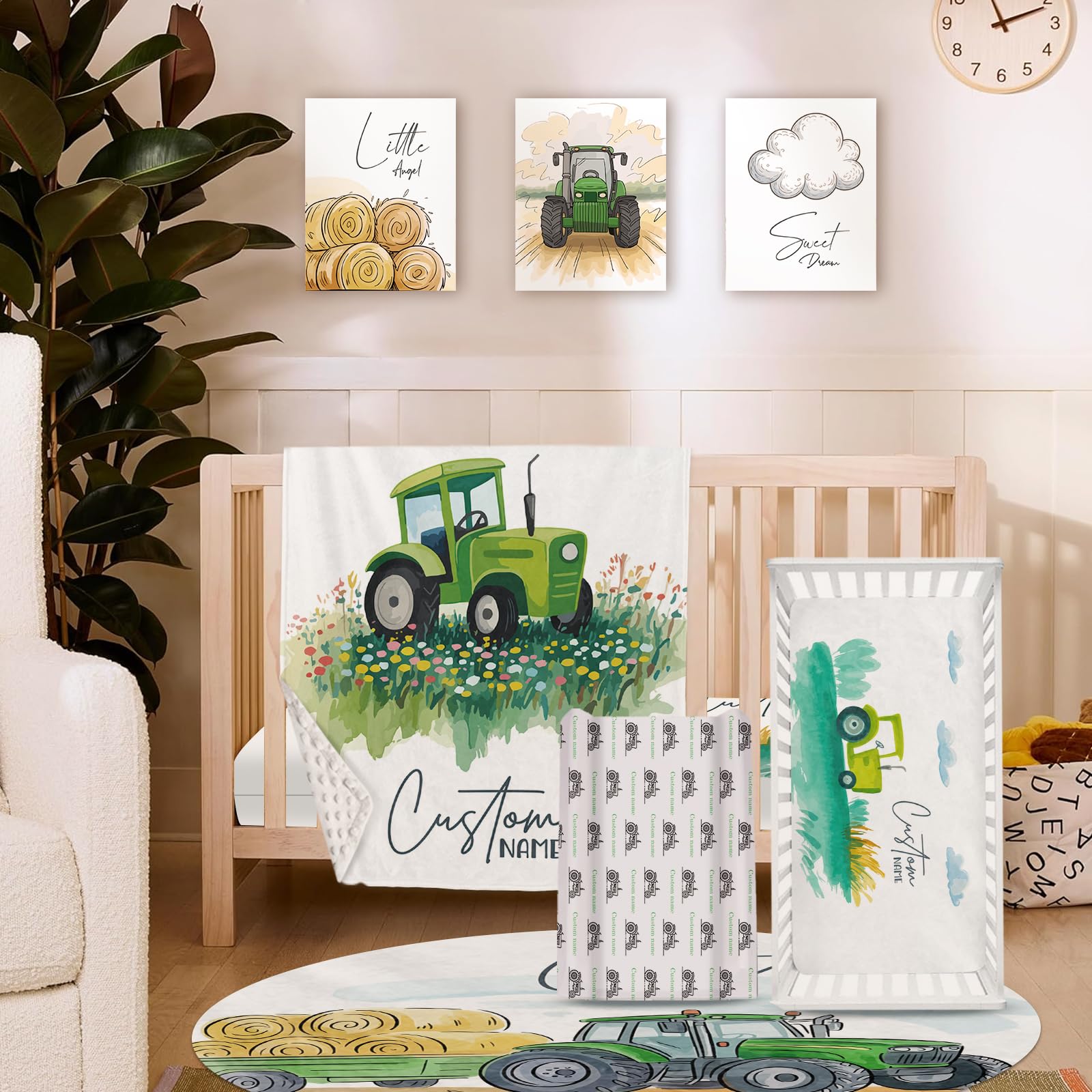 Personalized Crib Bedding Set for Baby Boys Green Tractor Pattern Custom Name Baby Crib Sets 5-Pcs Double Layer