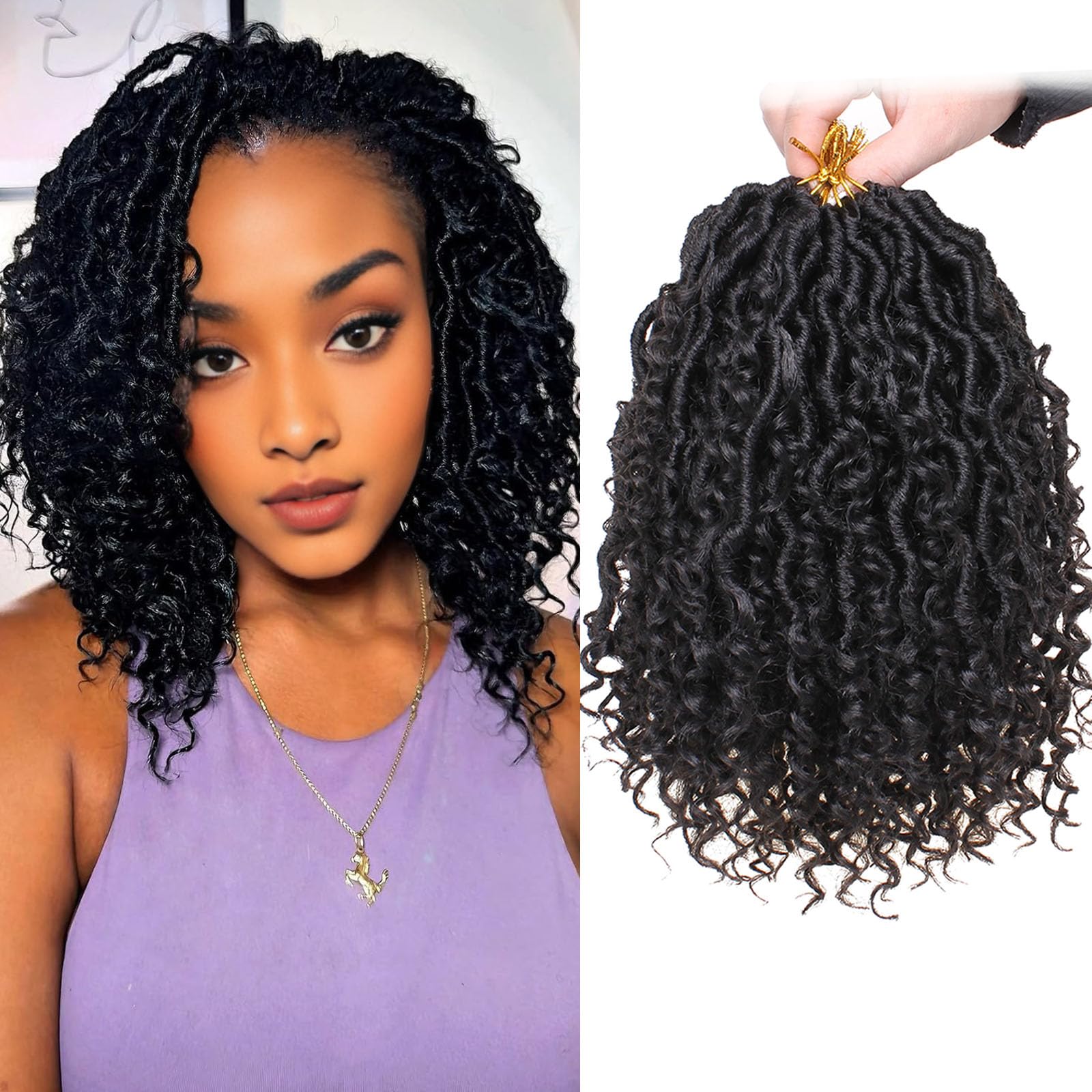 Häkelhaar, Göttin, Naturschwarz, 25,4 cm, 8 Packungen, vorgeschlungenes Kunsthaar, Bohemian-Locs, Häkelzöpfe mit lockigen Enden, für Damen, 25,4 cm, 8 Packungen (#Schwarz)