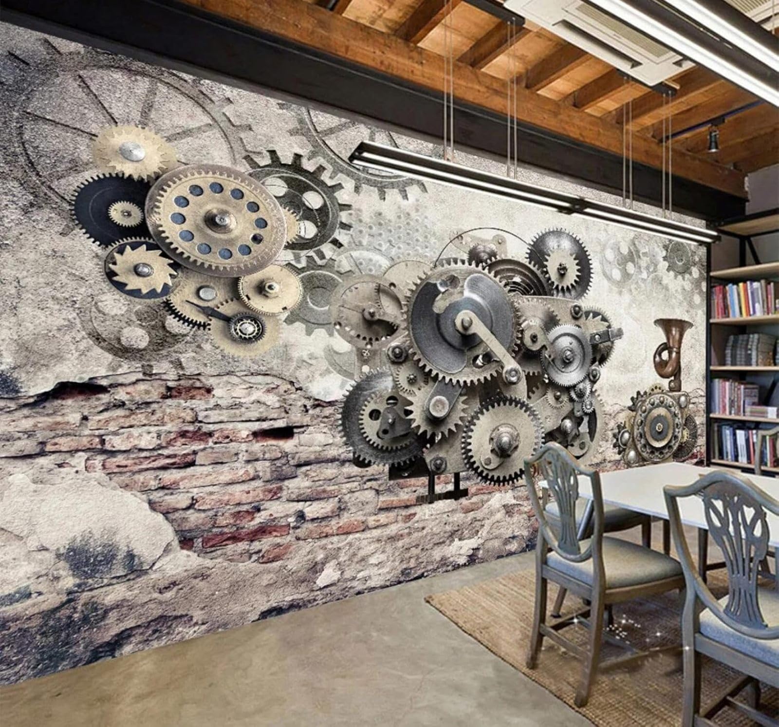 XLMING Vintage Nostalgic Machinery Gears Brick Wall 3D Wallpaper Silky Texture Home Study Office Grey Dining Room Sofa Bedroom Living Room TV Backdrop-350cm×256cm