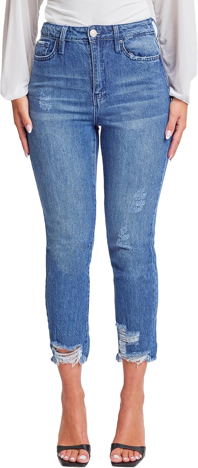 YMI Women's Junior Hybrid Dream High-Rise Slim Straight Jean with Frayed Hem