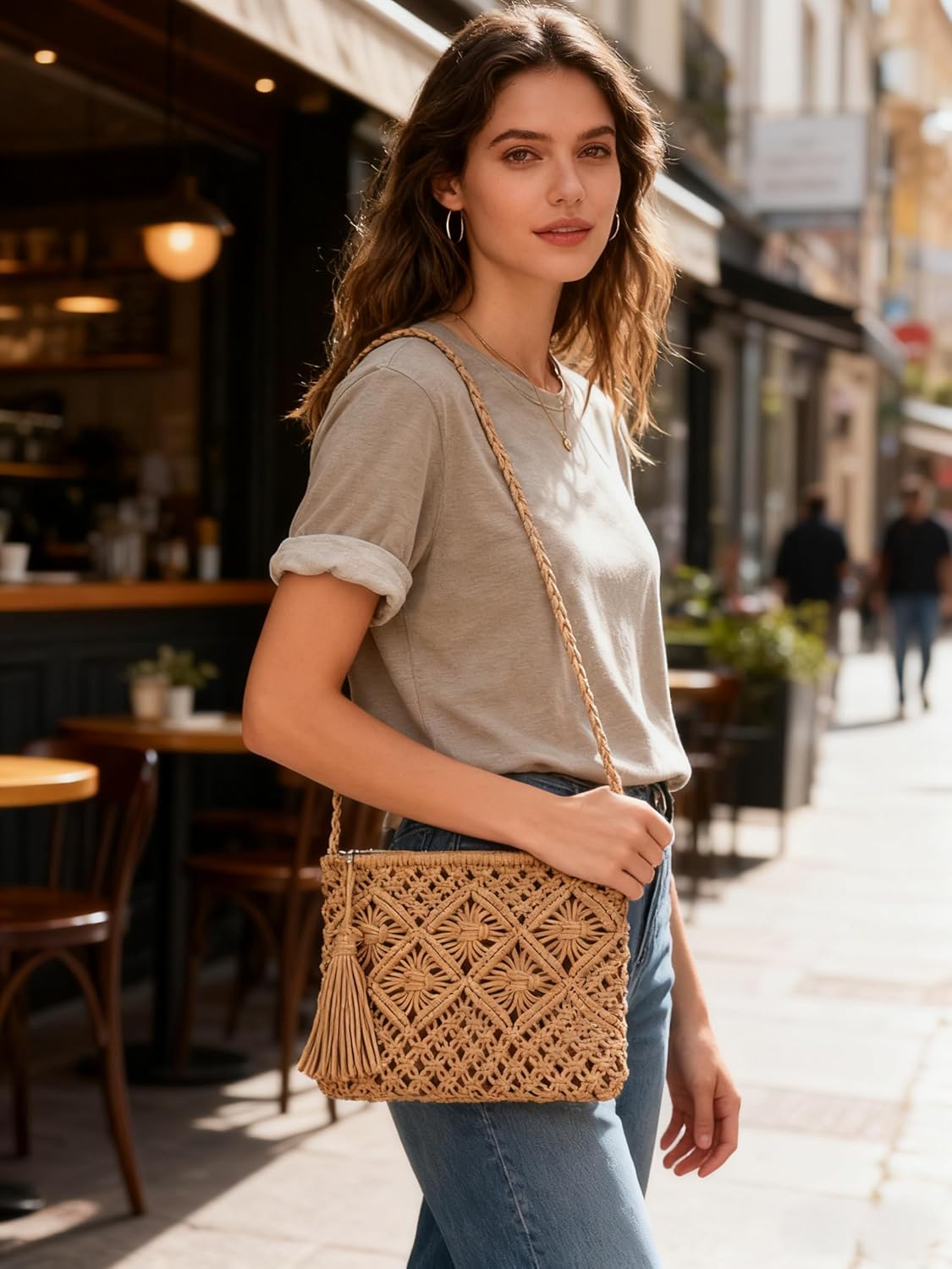 Boho Handwoven Crossbody Bag for Women - Crochet Straw Clutch Purse Beach Bag with Tassel for Vacation Casual & Travel - Image 6