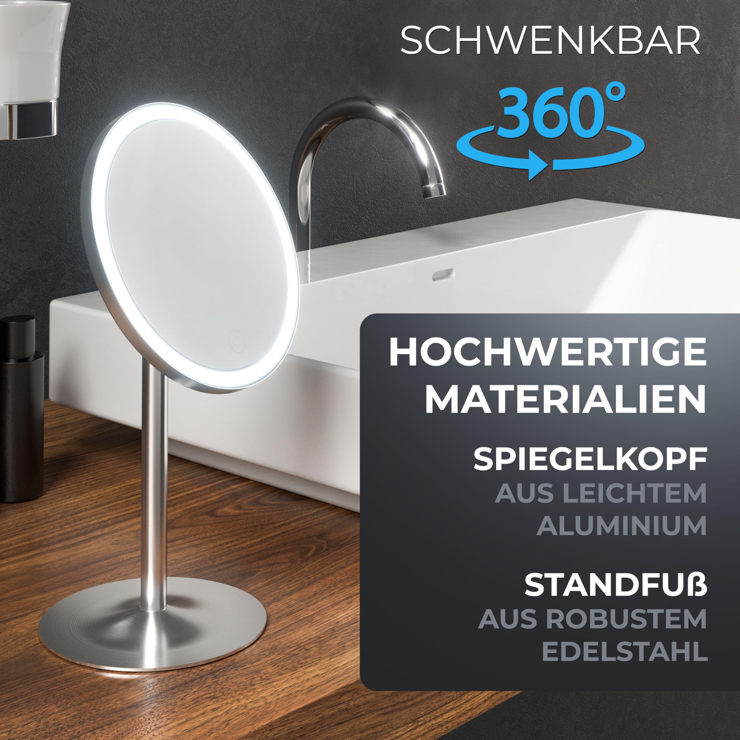 ovimar Specchio cosmetico Bogo argento | con illuminazione | ricaricabile | indipendente | nel bagno | Specchio ingranditore 5x | Specchio per il trucco con luce | Specchio a 360 gradi