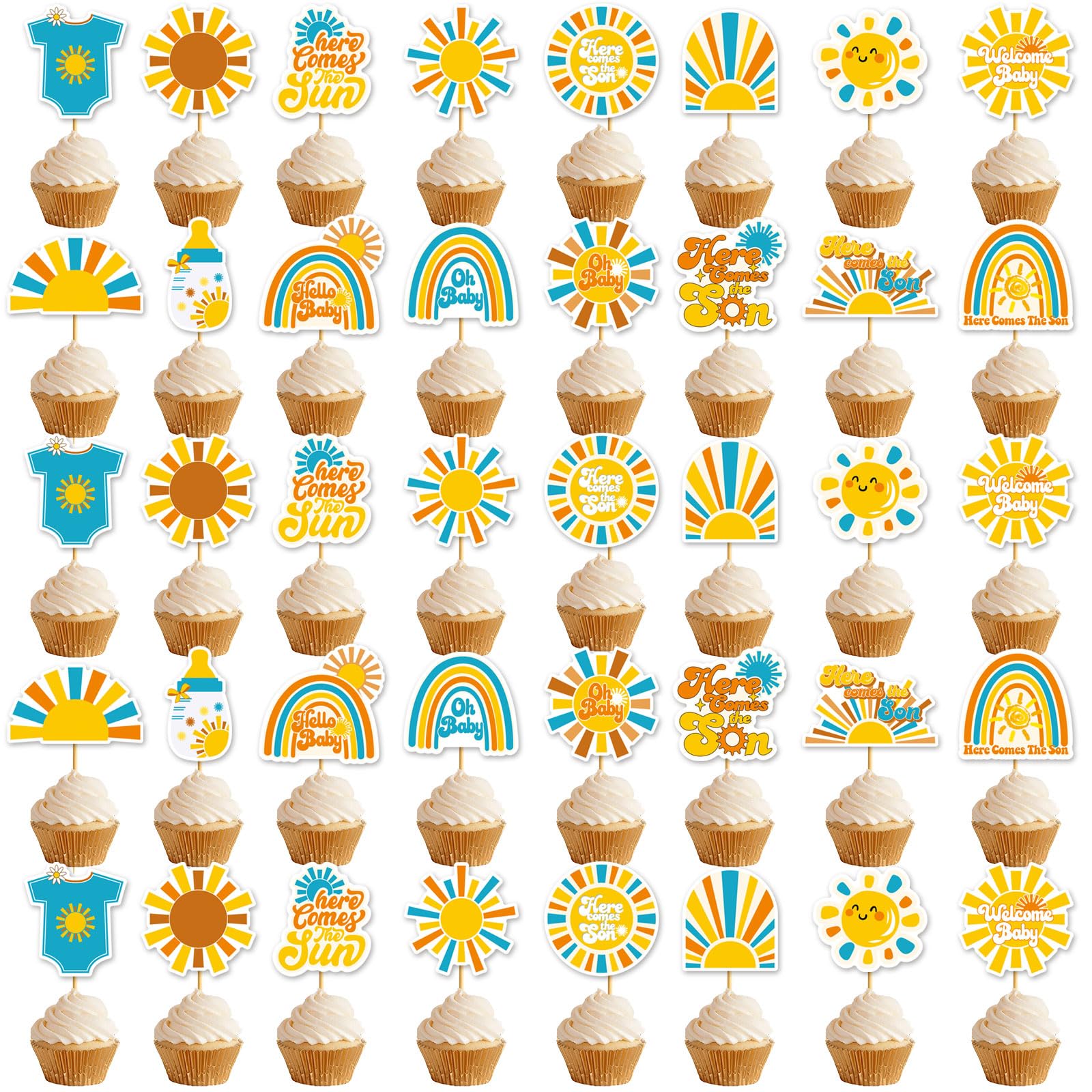 48Pcs Here Comes The Son Cupcake Toppers Here Comes The Son Baby Shower Decorations Sun Cupcake Toppers A Little Sunshine is On The Way Cupcake Topper