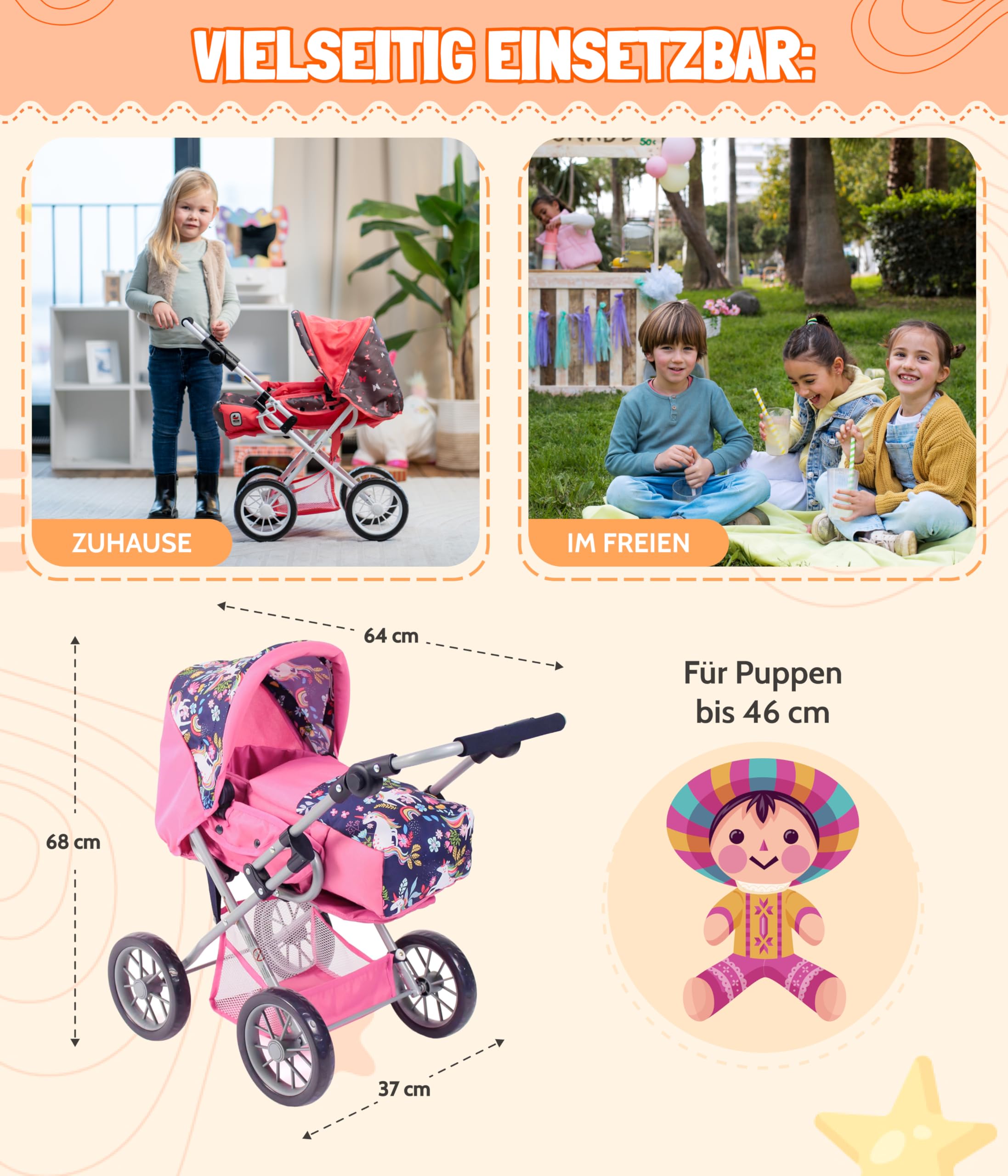 Bayer Chic 2000-Passeggino Combinato per Bambole Leni, Colore Stelle Viola, 64 x 37 x 68 cm, 560