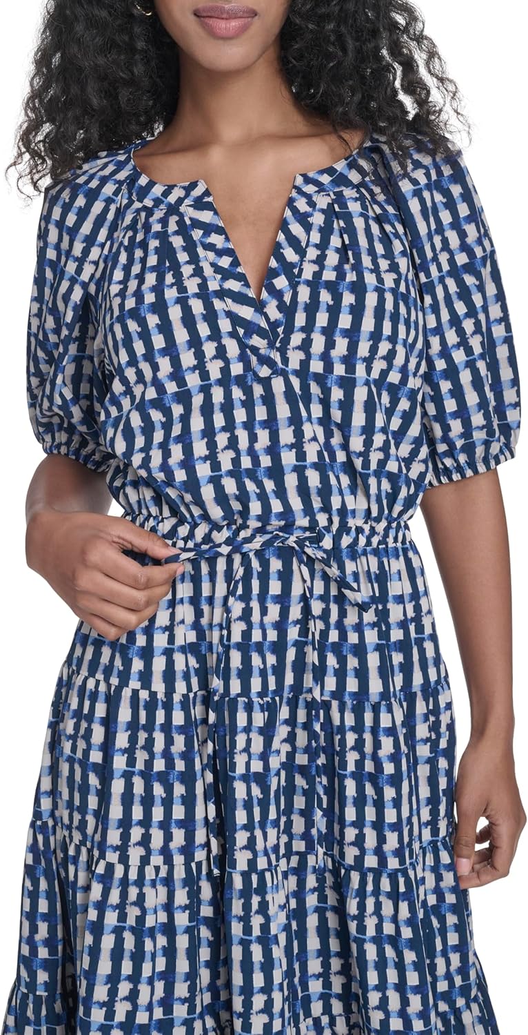 Calvin Klein Women's Short Balloon Sleeve Split Neck Tiered A-line Midi Dress