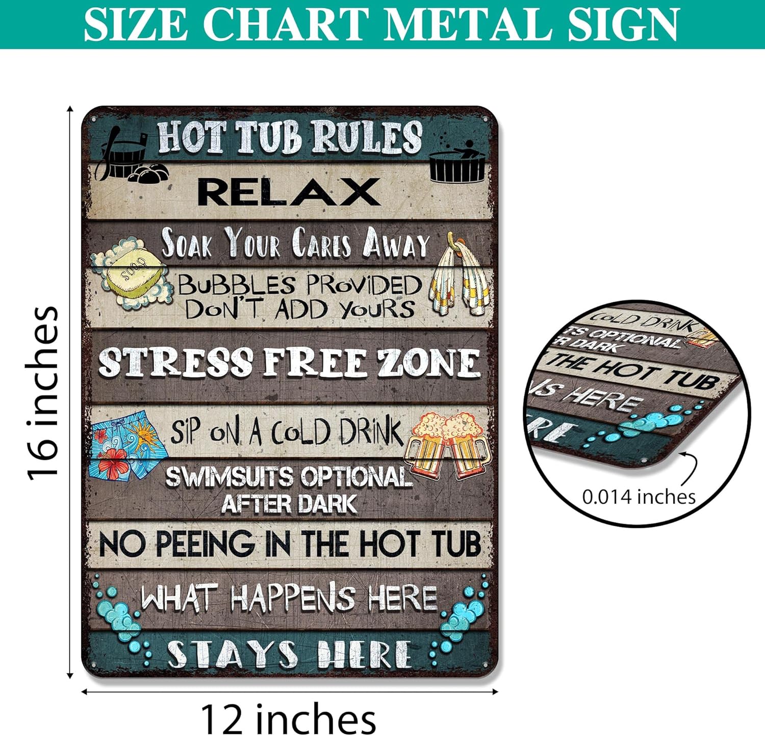 V Vibepy All Over Printed Hot Tub Rules Metal Sign 12x16 Inches, Hot Tub Accessories, Funny Rules Decorations Sign, Outdoor Wall Art Accessories