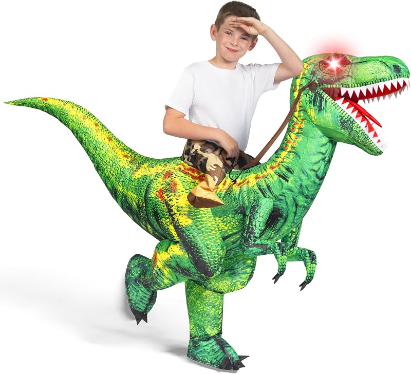 Spooktacular Creations Kids Halloween Raptor Inflatable Costume, LED Eyes Ride Raptor Dinosaur Blow up Suit for Cosplay Party