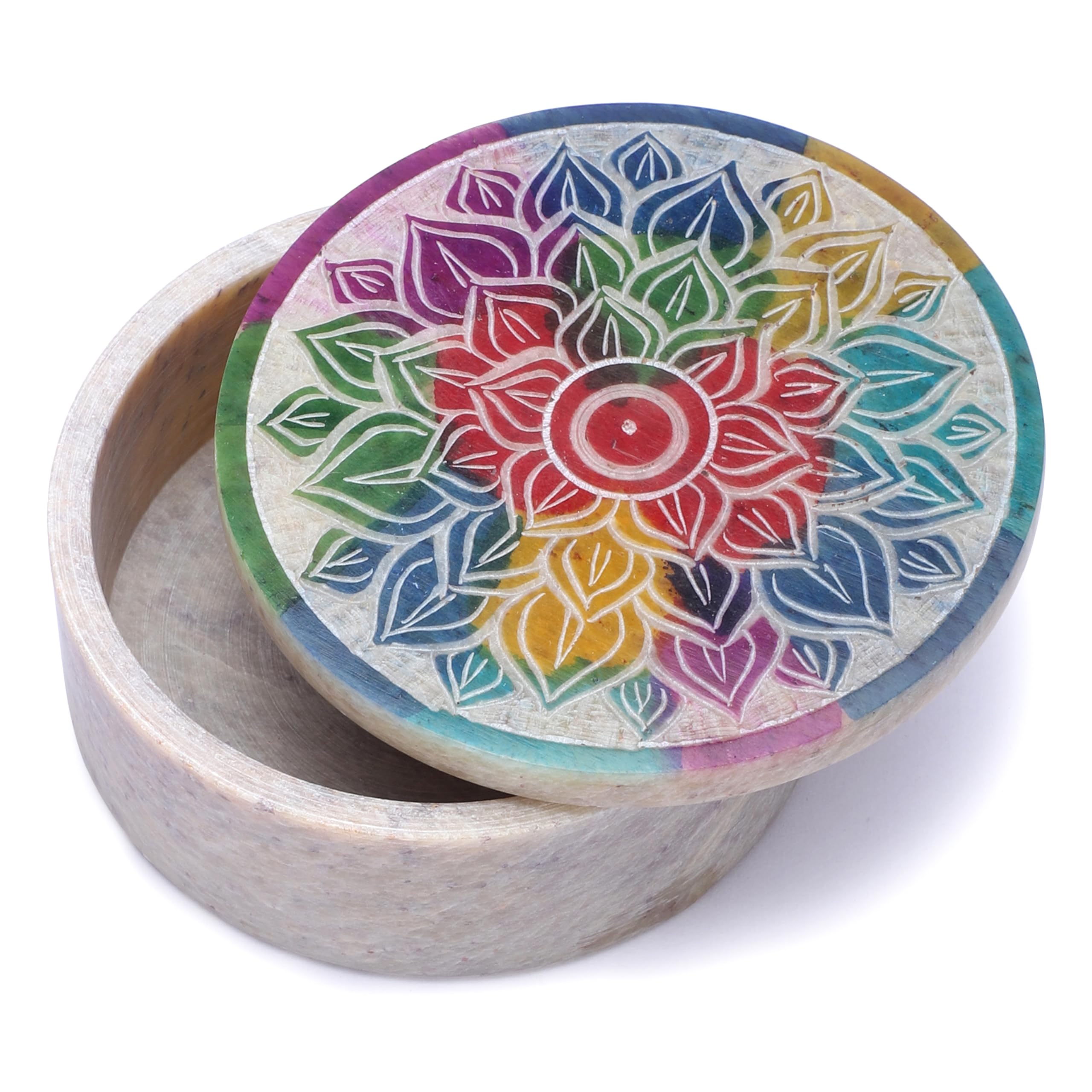 Ajuny Round Soapstone Jewellery Box 3 Inch Small Trinket Storage Holder