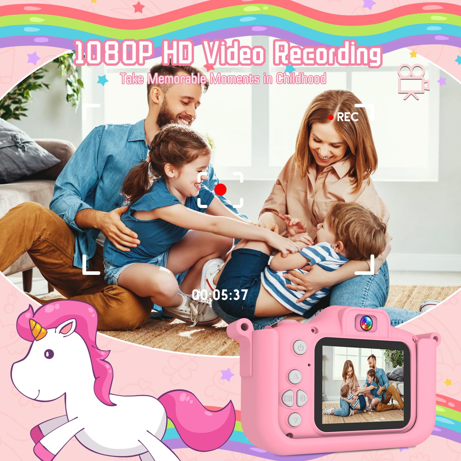 Macchina Fotografica Bambini, Schermo HD 1080P, Mini Ricaricabile Fotocamera Digitale con scheda TF da 32 GB, lettore di schede USB, Regali di compleanno e di Natale per Bambine dai 3 ai 12 Anni