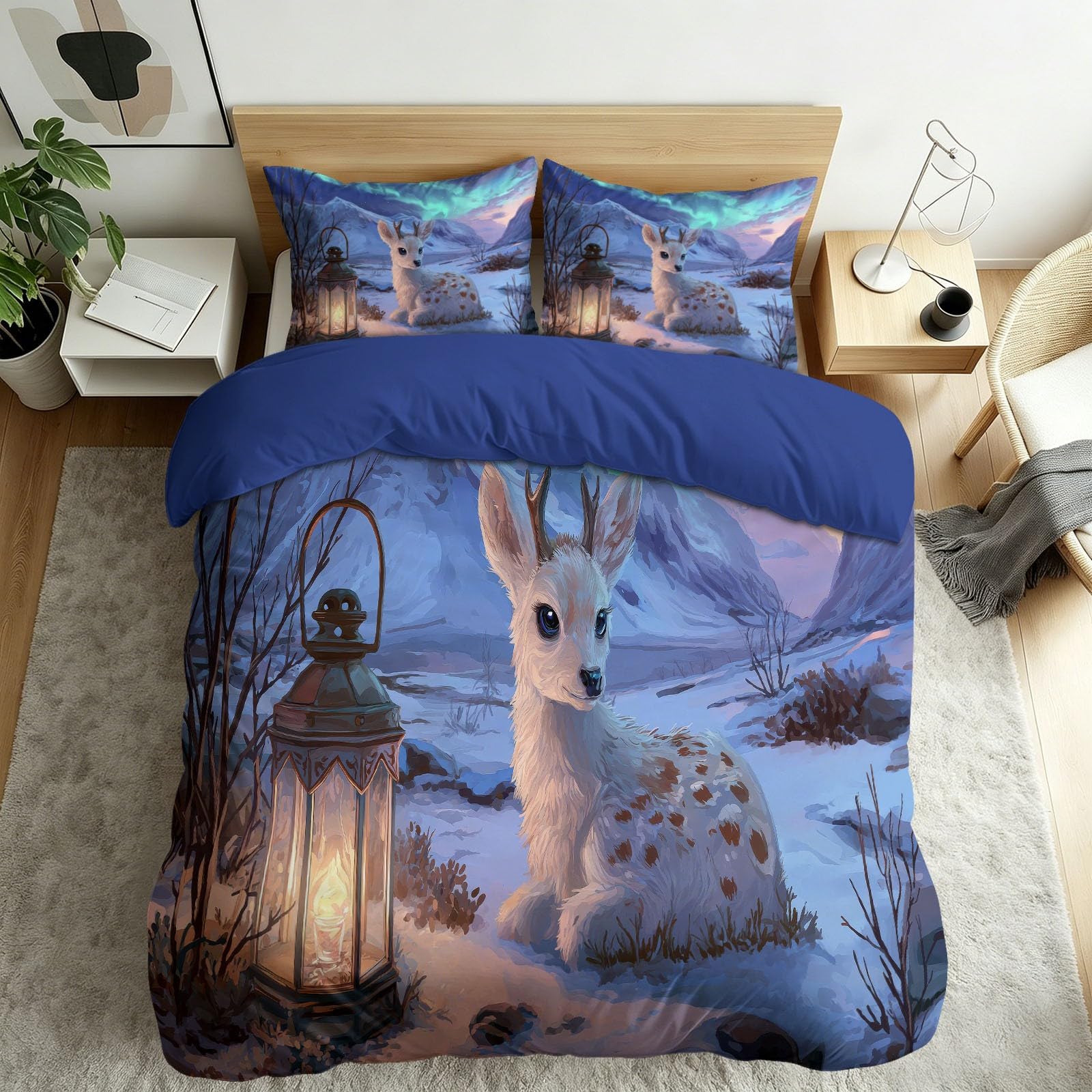 Générique Fantastyczna poszwa na kołdrę 3D Animal 220 x 240 cm, latarnia jeleń śnieżna góra - 3-częściowy zestaw pościeli z niebieskiej mikrofibry z nadrukiem (poszwa na kołdrę 2 poszewki na poduszki)