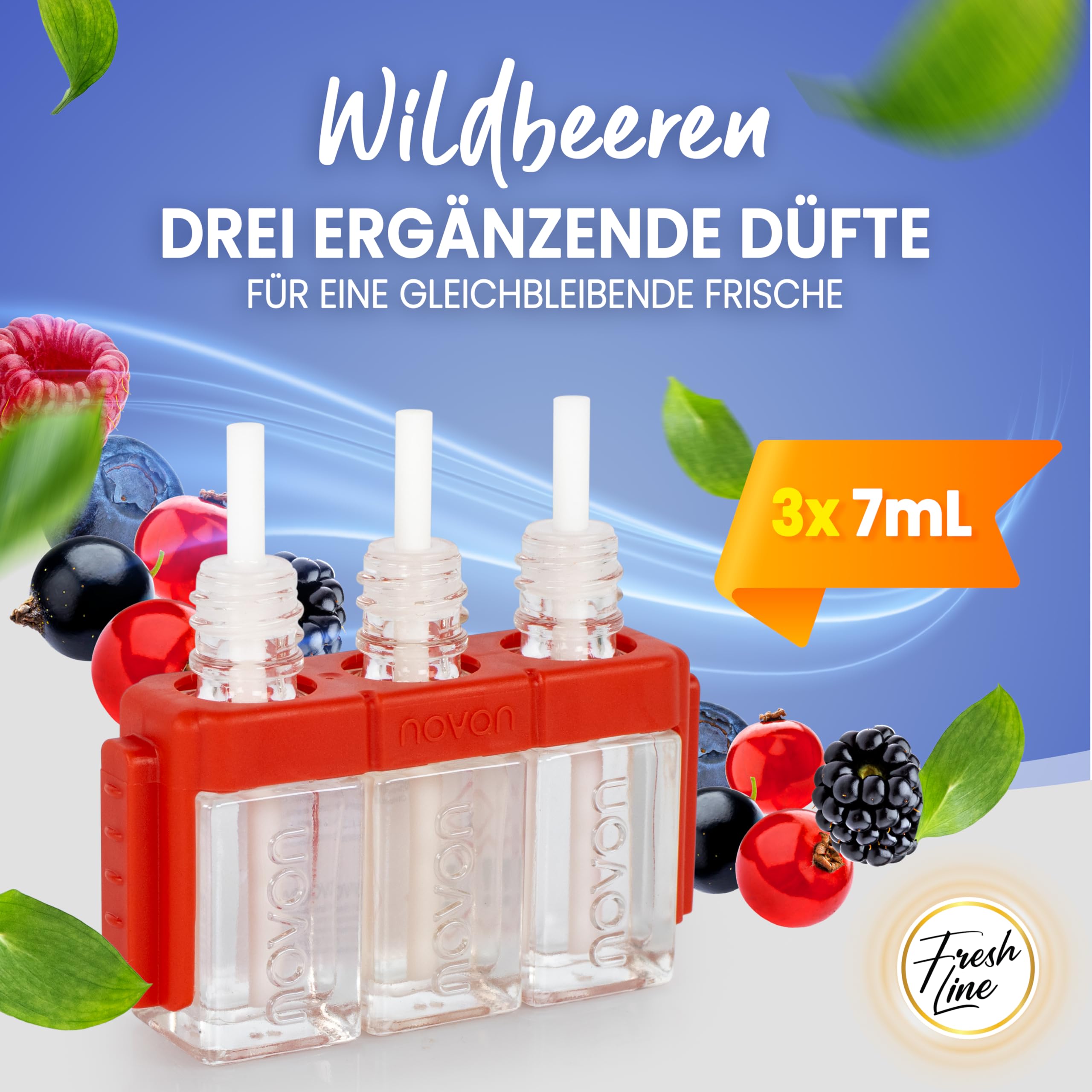 FRESH LINE® Zestaw 12 sztuk (3 x 7 ml) – 3-fazowa zmiana – kompatybilny z 3VOLUTION – odświeżacz powietrza – 6 zapachów: dzikie jagody, jaśmin, limonki, świeża kwietniowa, złota orchidea, wanilia