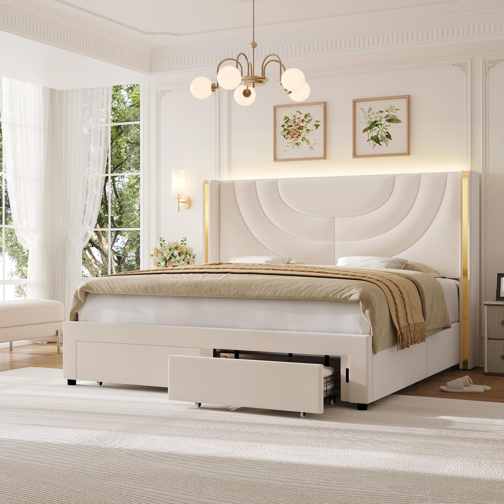 HITHOS Queen Upholstered LED Bed Frame with 2 Storage Drawers, Velvet Platform Bed with Wingback Headboard, Solid Wooden Slats Support, No Box Spring Needed, Headboard Splicing Design, Beige