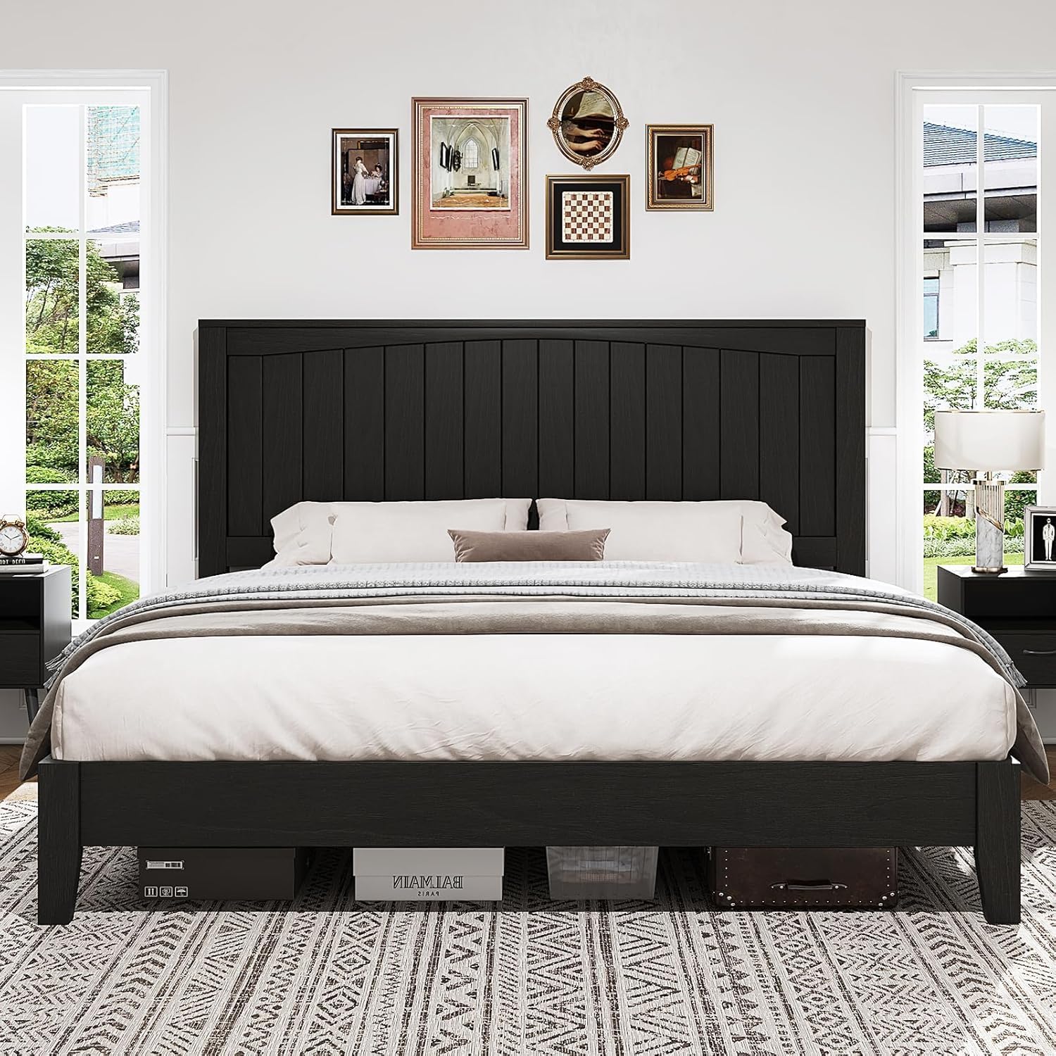 Queen Size Solid Wood Bed Frame with 48.4 inch Tall Headboard, Mid-Century Modern Platform Bed with Wooden Slats and Metal Frame. No Box Spring Needed, Easy Assembly, Black