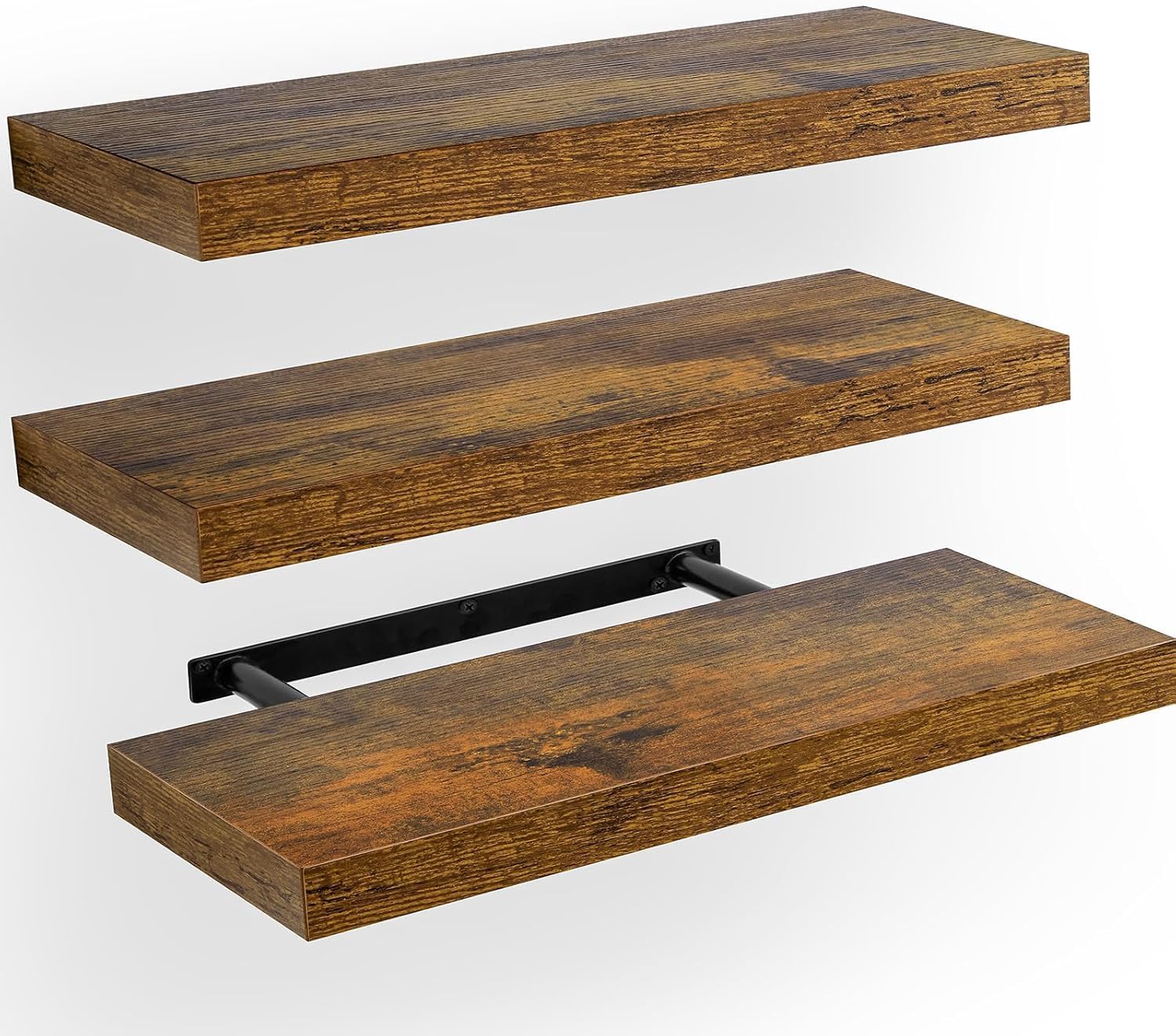 Amada 15.7" Floating Shelves for Wall with Hidden Brackets, Rustic Brown | Wall Shelf with Concealed Metal Brackets, 22 lbs Capacity per Shelf, Smooth MDF Boards, Flexible 3-Piece Layout