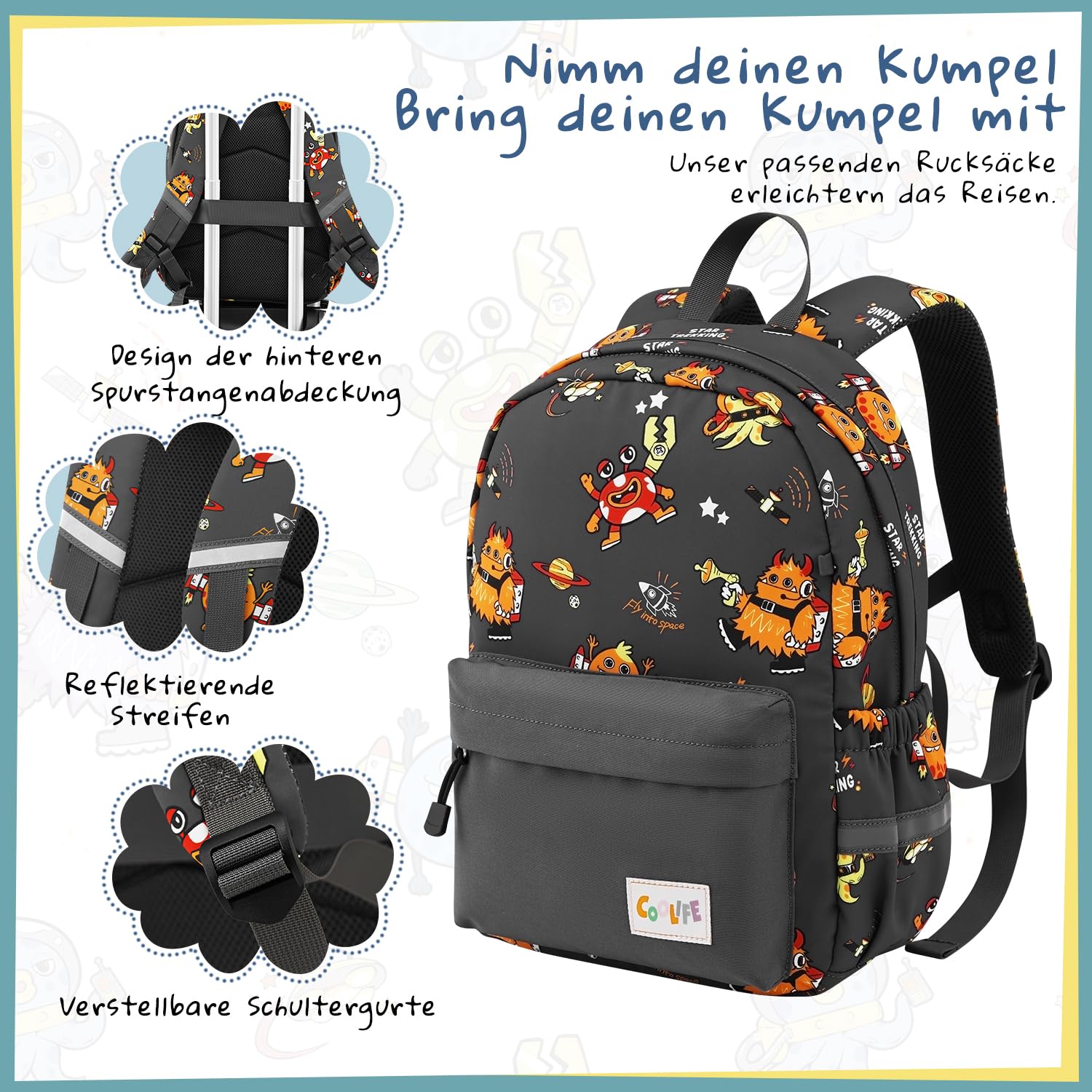 COOLIFE 5tlg Kinderkoffer mit Rucksack, Kindertrolley aus Kunststoff, Kindergepäck, Kinder Kofferset Handgepäck Reisegepäck Hartschalenkoffer für Jungen und Mädchen (Monster, Koffer-Set 5-TLG)
